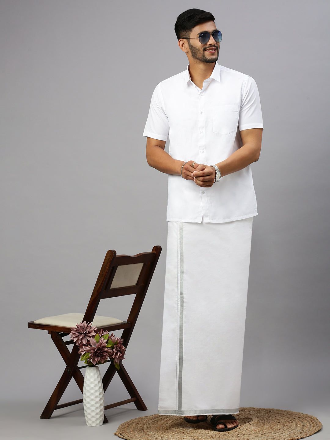 Men Cotton Blend Double Layer White Dhoti With 1" Jari Border Silver Rose image 5