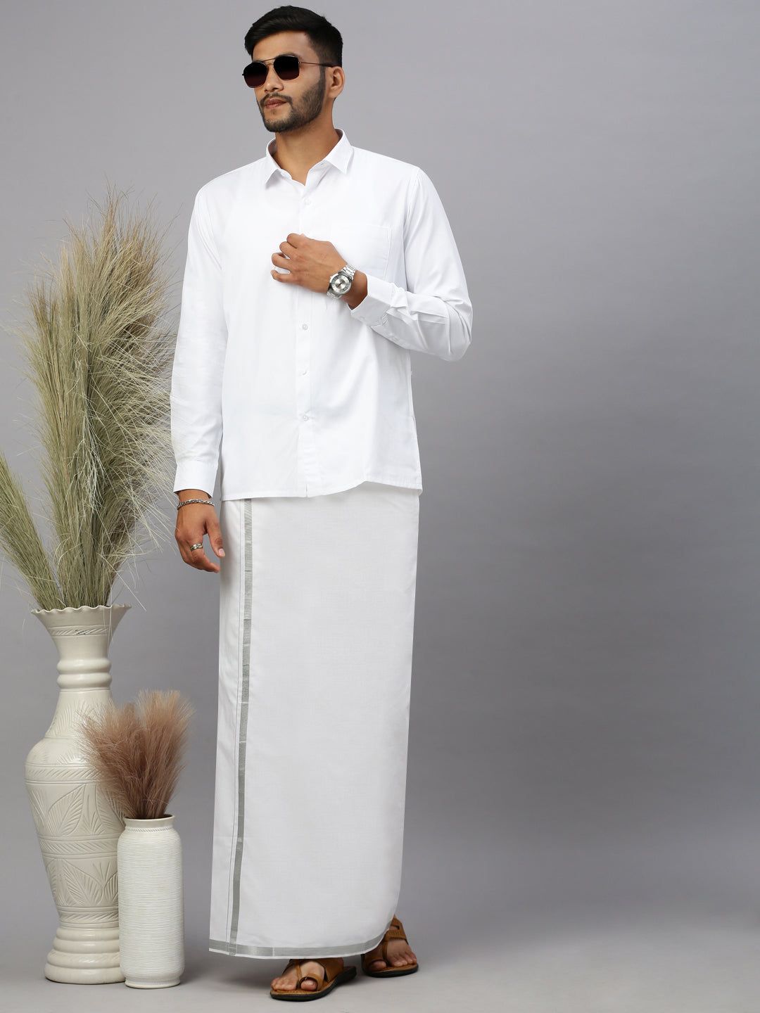 Men 100% Cotton Single Layer White Dhoti With 3/4" Silver Jari Border Shringar image 6