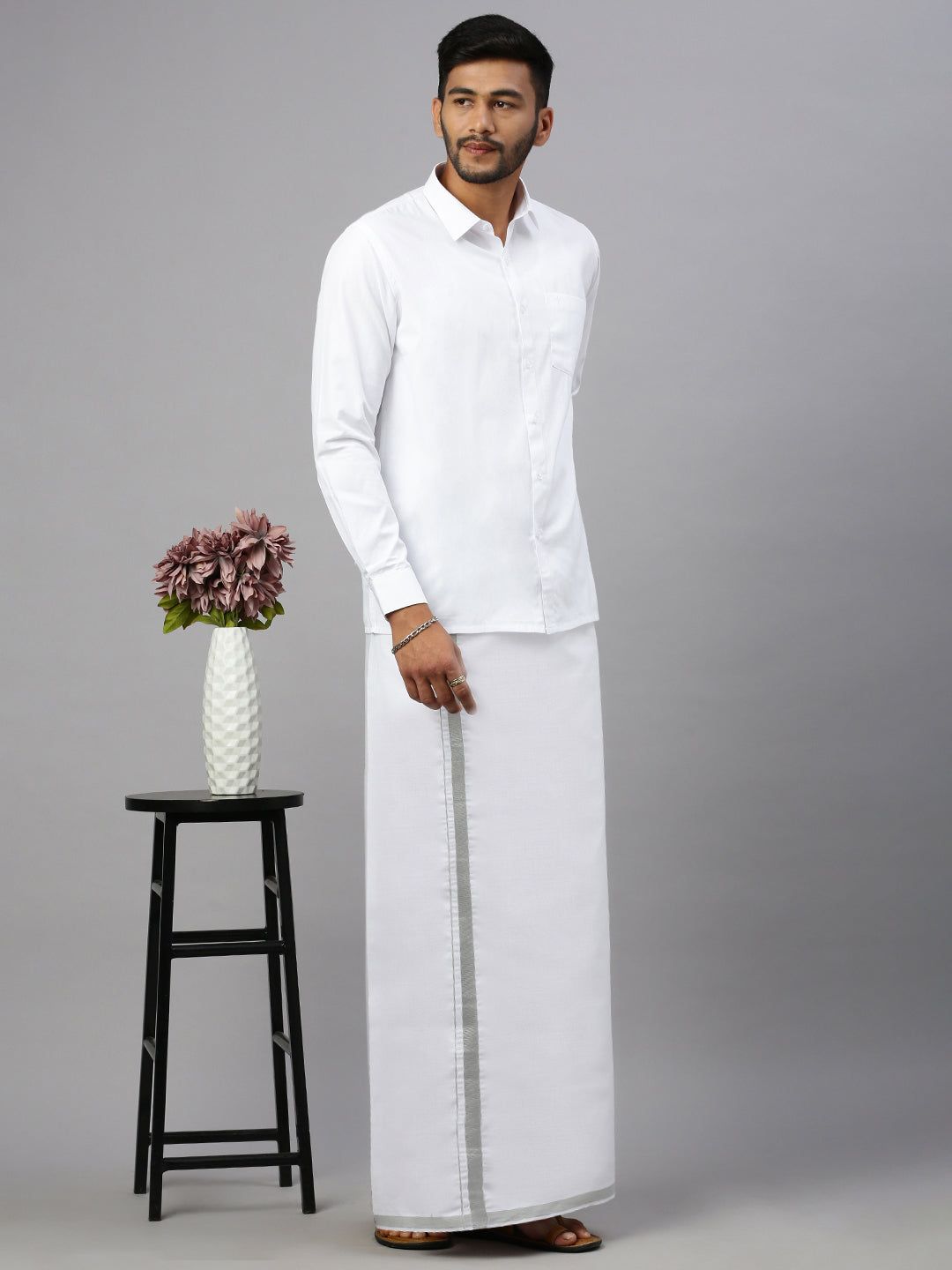 Men 100% Cotton Single Layer White Dhoti With 1/2" Jari Border Silver Storm image 6