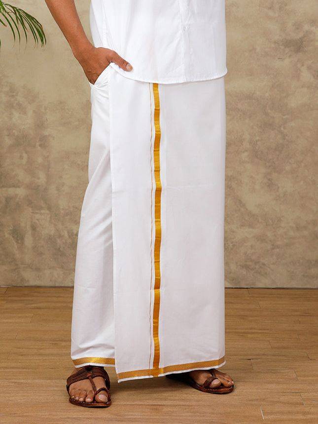 Men Cotton Blend Readymade Single Layer White Dhoti With Gold Jari Border