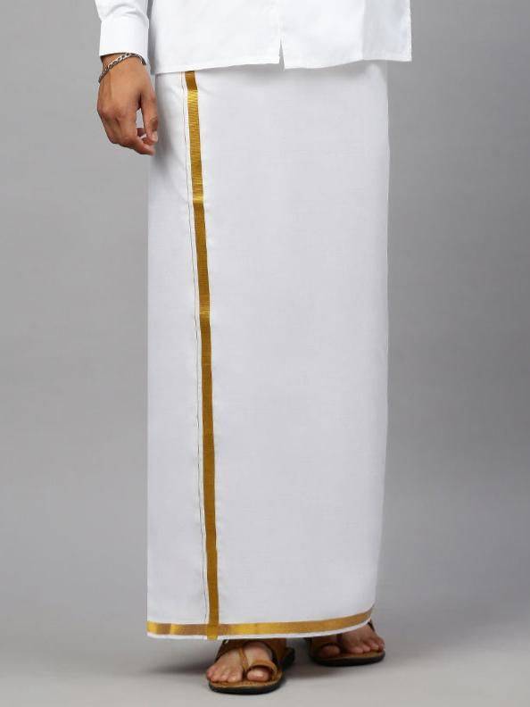 Men 100% Cotton Single Layer White Dhoti With 3/4" Gold Jari Border