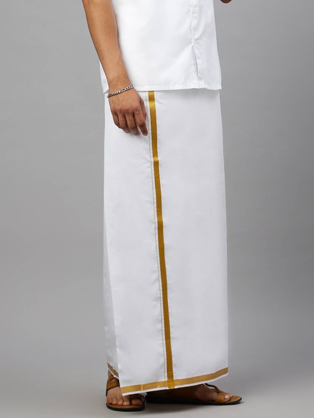 Men 100% Cotton Single Layer White Dhoti With 1" Gold Jari Border image 2
