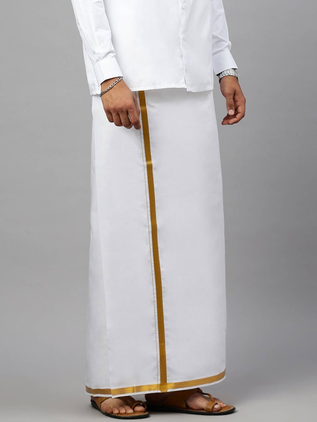 Men 100% Cotton Single Layer White Dhoti With 3/4" Gold Jari Border image 2