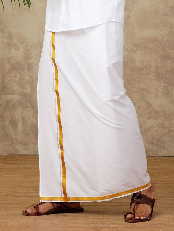 Men Cotton Blend Readymade Single Layer White Dhoti With Gold Jari Border image 2
