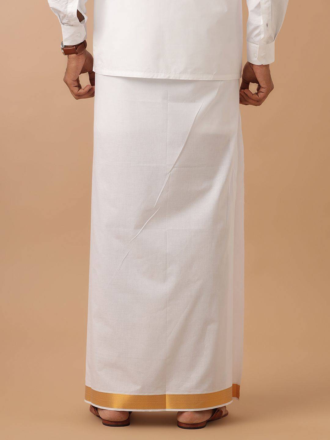 Men 100% Cotton Single Layer White Dhoti With 1 1/2" Gold Jari Border image 3