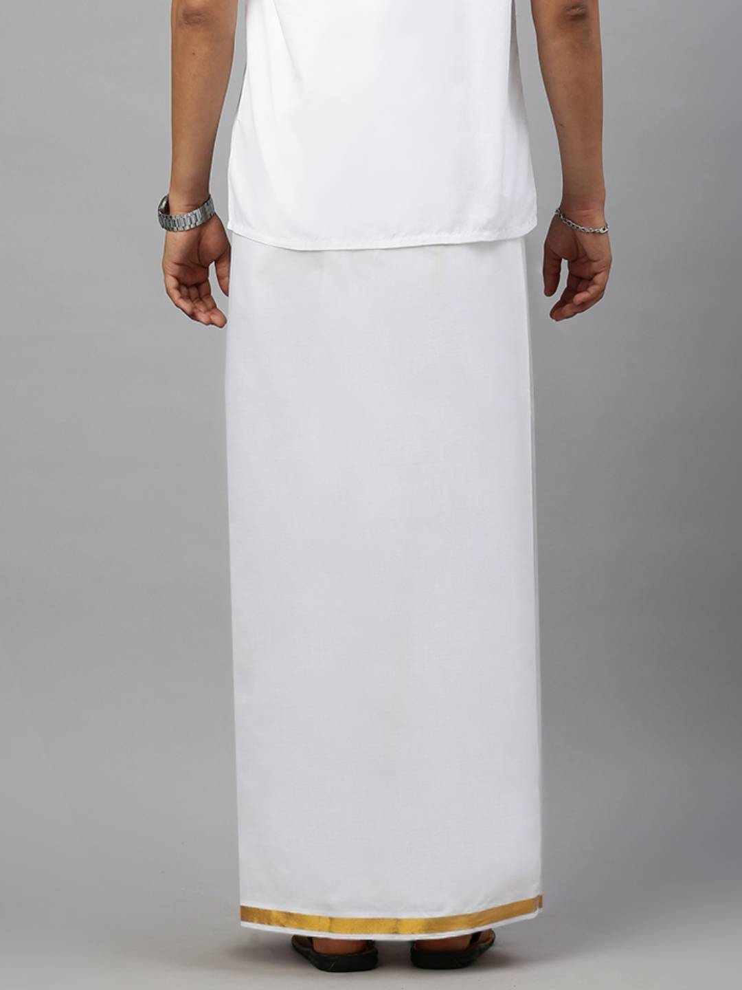 Men 100% Cotton Single Layer White Dhoti With 1" Gold Jari Border image 3