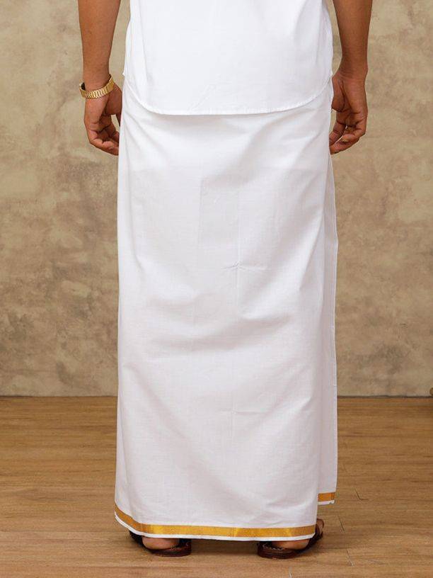 Men Cotton Blend Readymade Single Layer White Dhoti With Gold Jari Border image 3