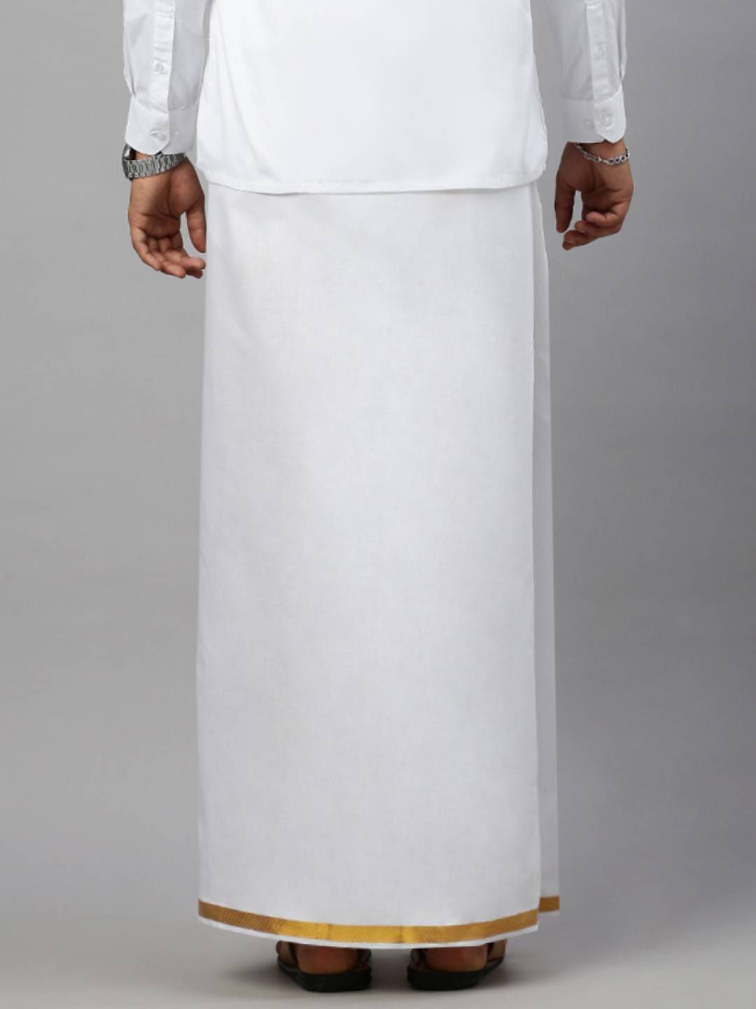 Men 100% Cotton Single Layer White Dhoti With 3/4" Gold Jari Border image 3