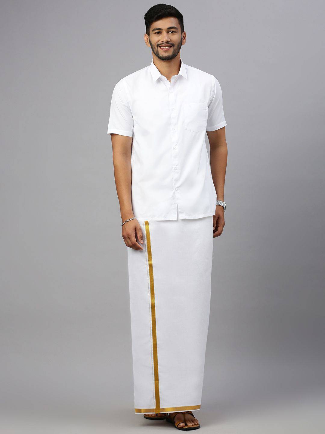 Men 100% Cotton Single Layer White Dhoti With 1" Gold Jari Border image 4