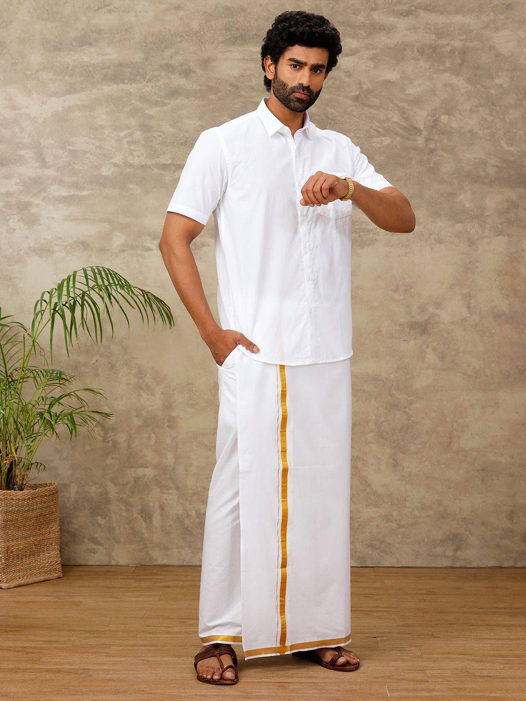 Men Cotton Blend Readymade Single Layer White Dhoti With Gold Jari Border image 4