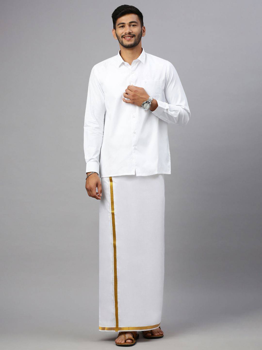 Men 100% Cotton Single Layer White Dhoti With 3/4" Gold Jari Border image 4
