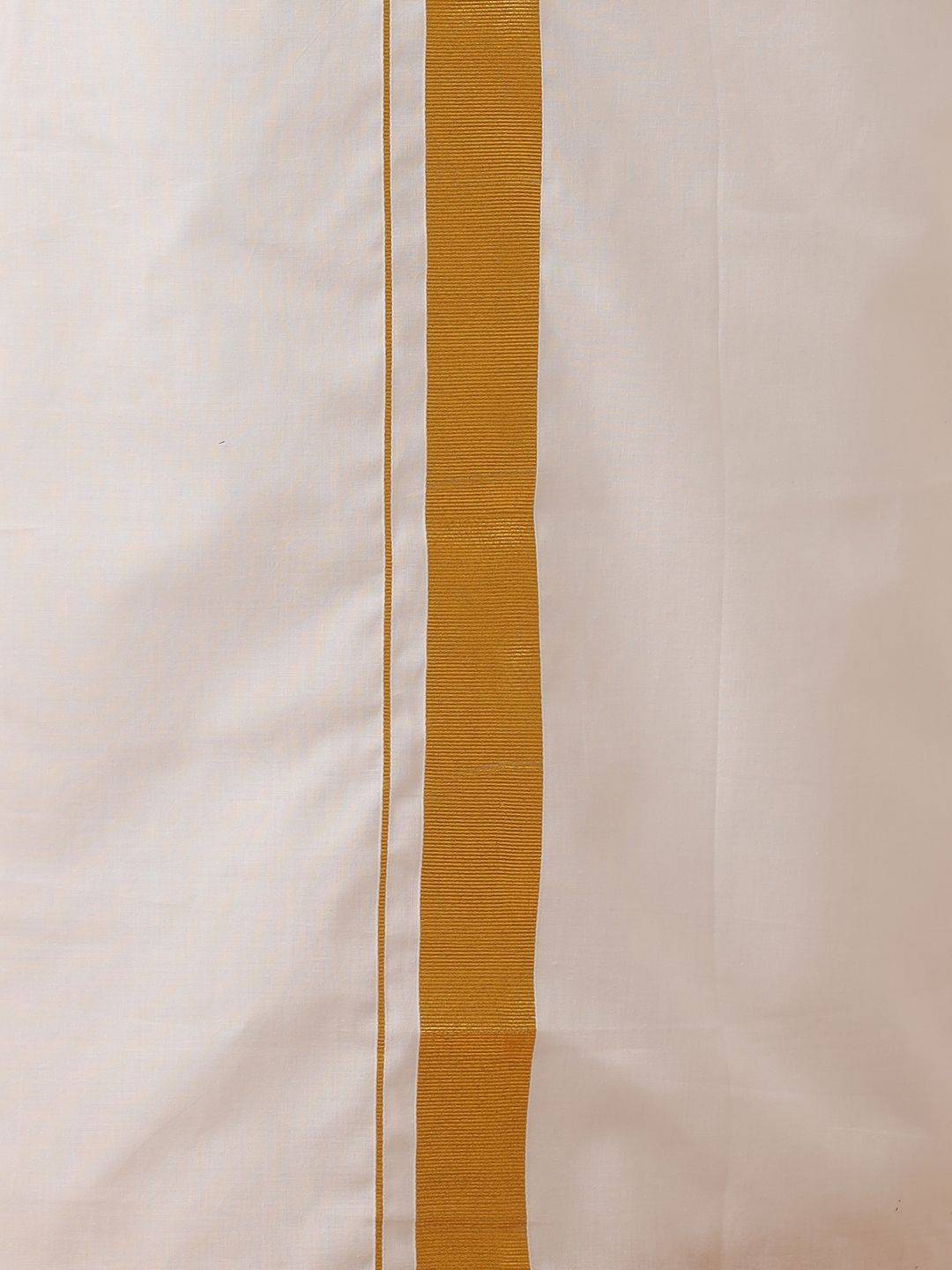 Men 100% Cotton Single Layer White Dhoti With 1 1/2" Gold Jari Border image 5