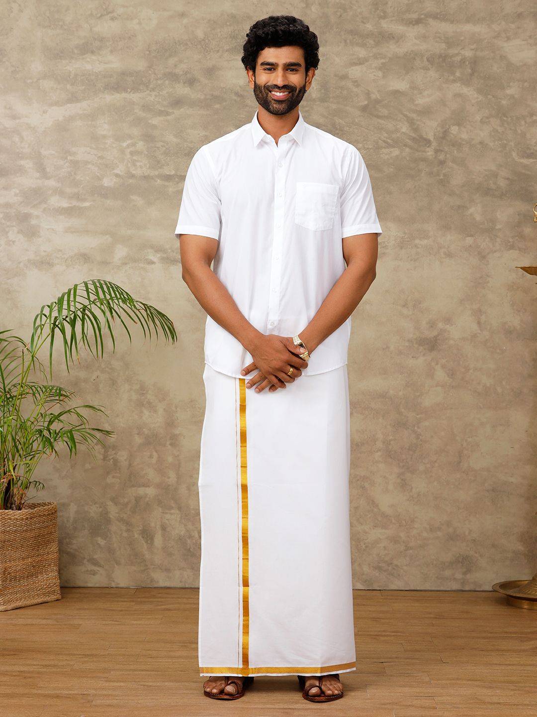 Men Cotton Blend Readymade Single Layer White Dhoti With Gold Jari Border image 5