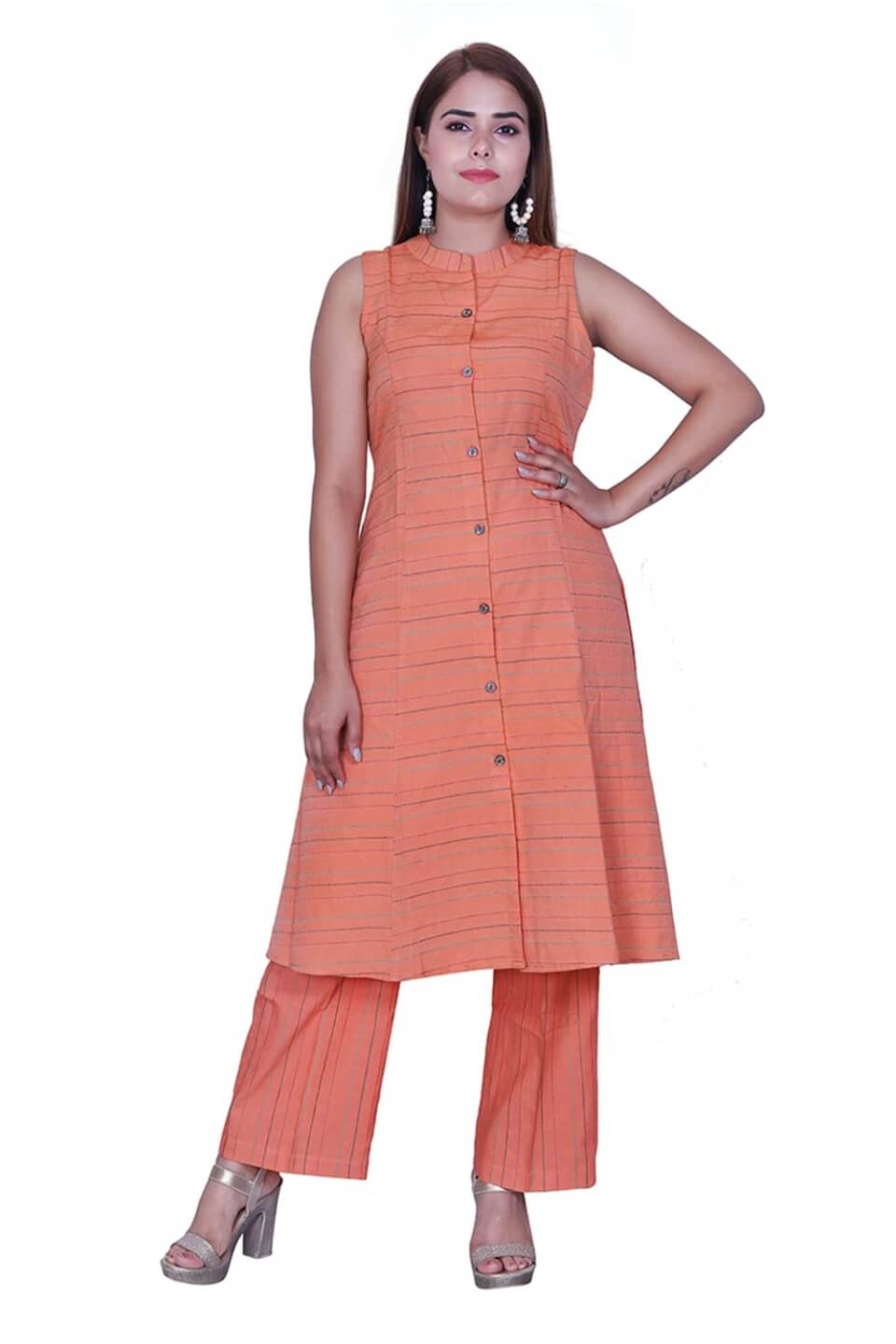 Orange Handloom Blend Cotton Kurta Set