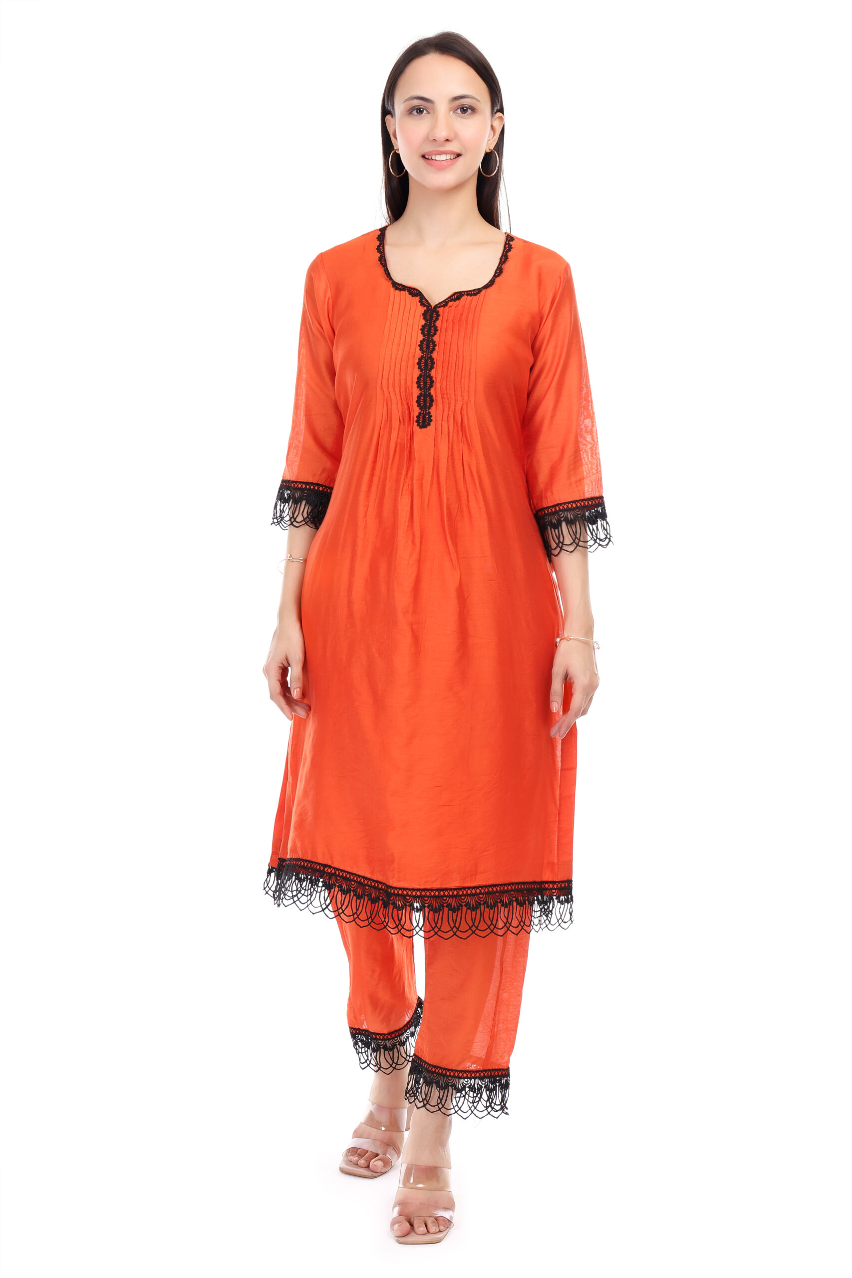 Chanderi Kurta Set With Lace Work