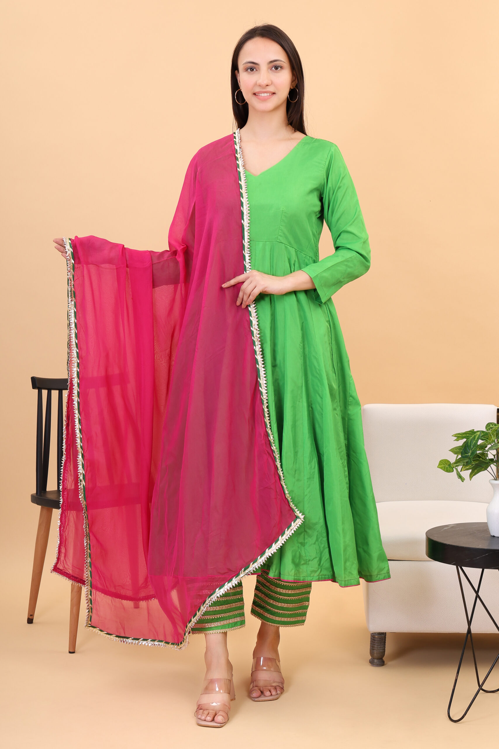 Silk Anarkali Set With Orgenzza Dupatta