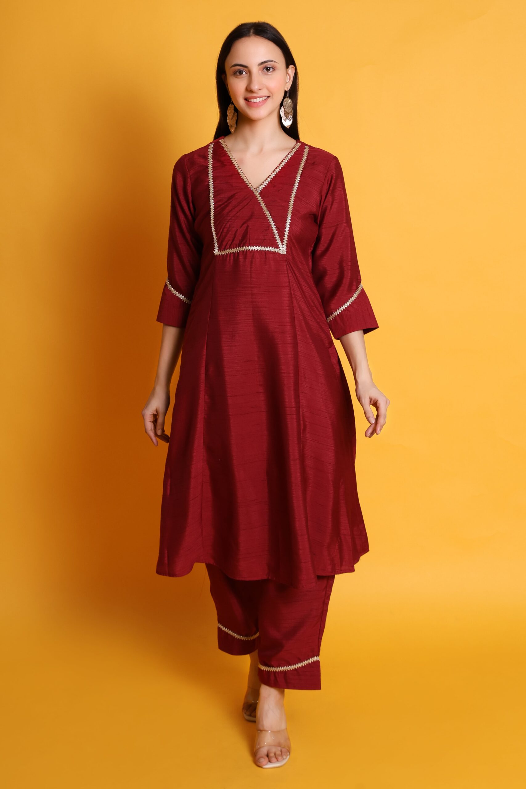 Satin Dupion Kurta Set With Lace Work