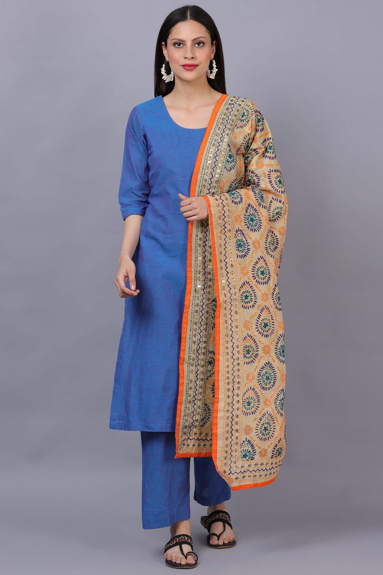Blue Cotton Kurta Set With Phulkari Dupatta