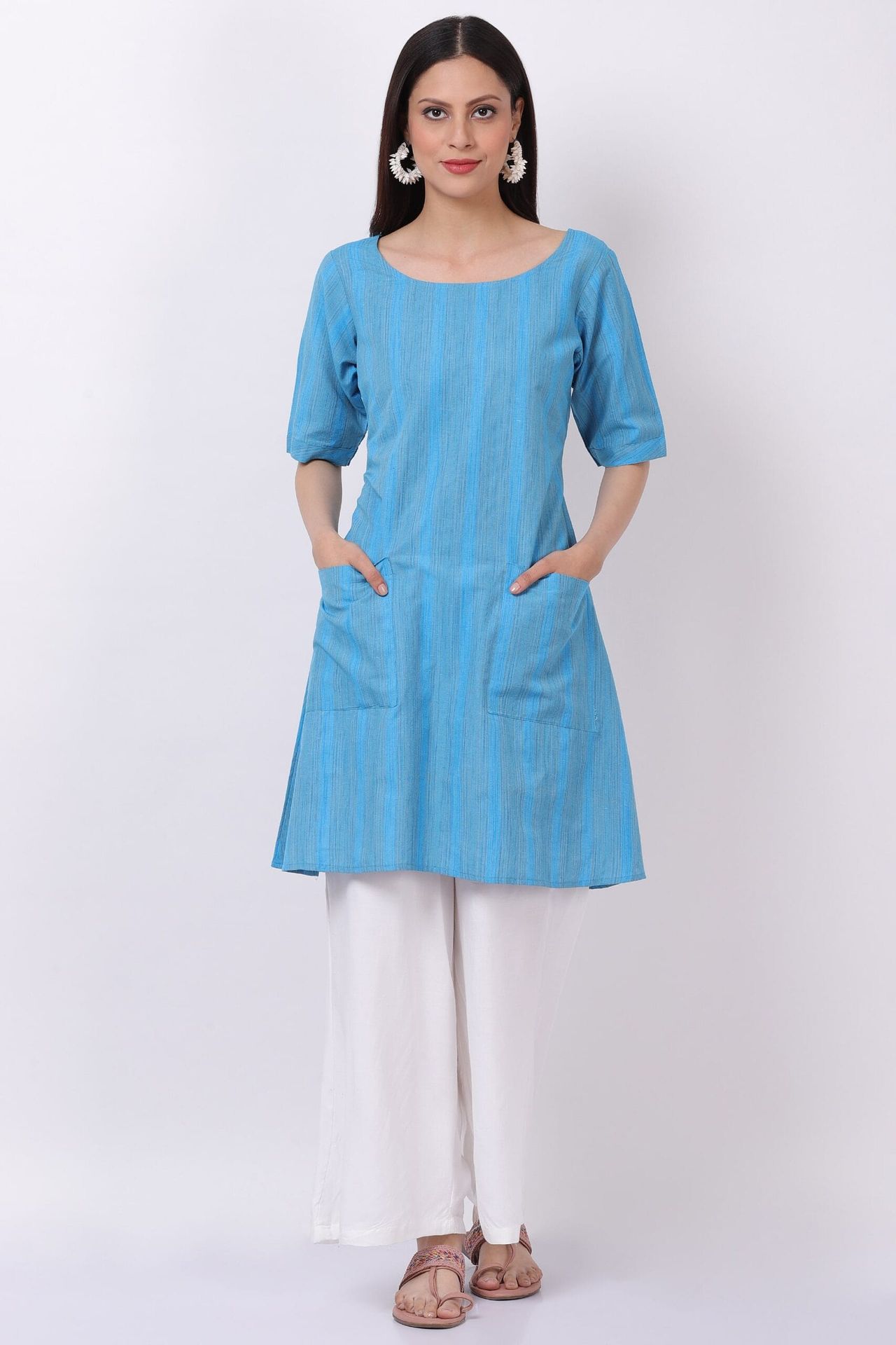 Blue Handloom Cotton Kurti With Palazzo