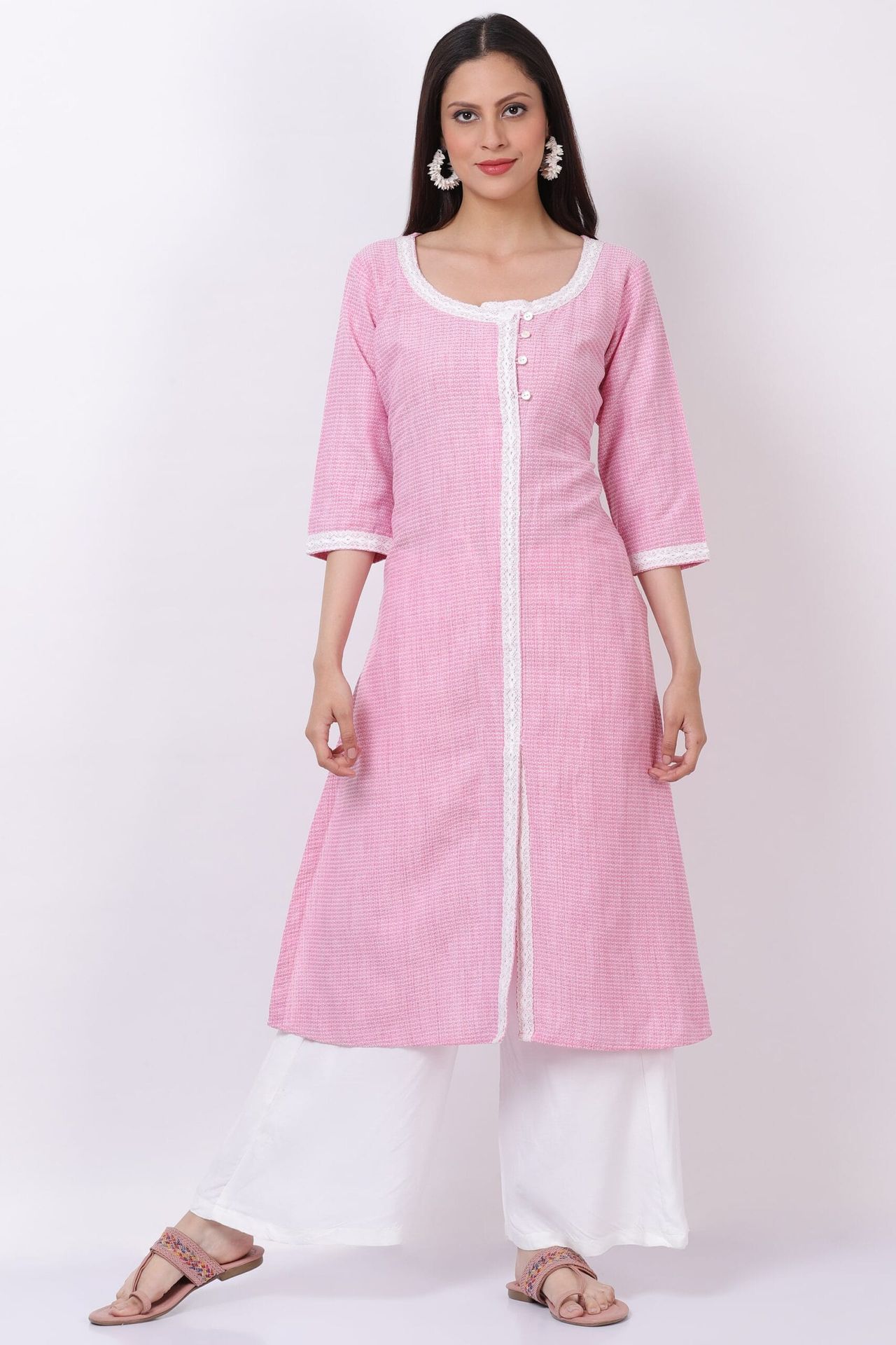 Pink Handloom Cotton Kurti With Palazzo