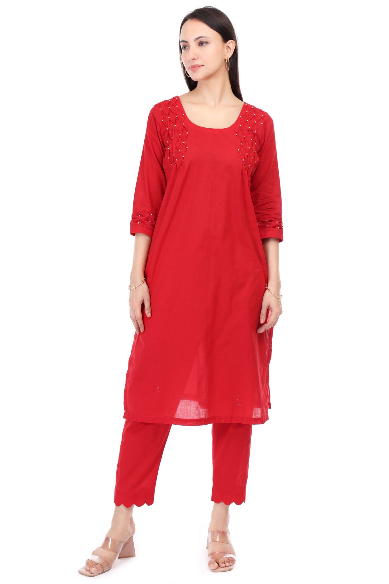 Cambric Cotton Kurta Set With Pearl Embroidery