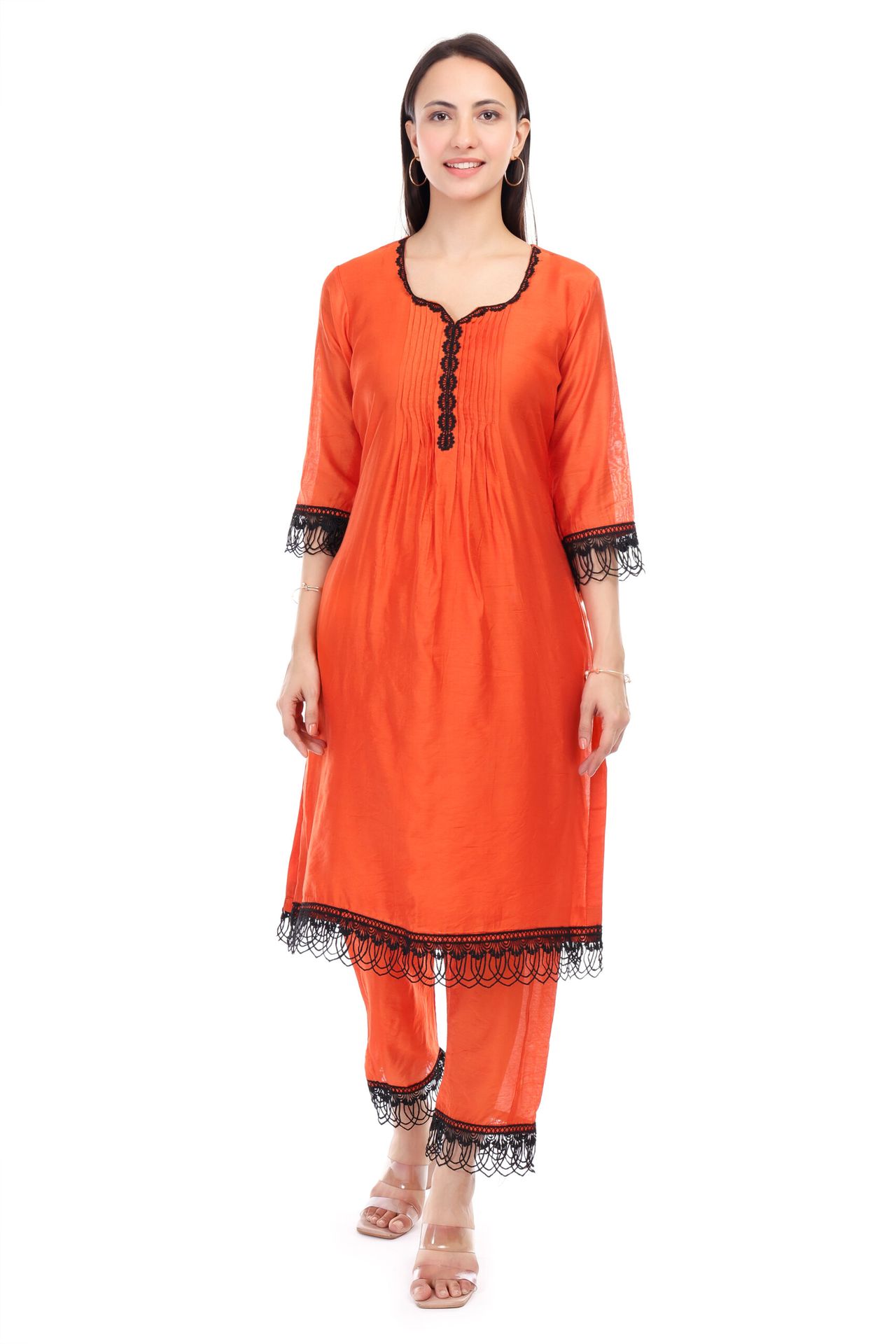 Chanderi Kurta Set With Lace Work