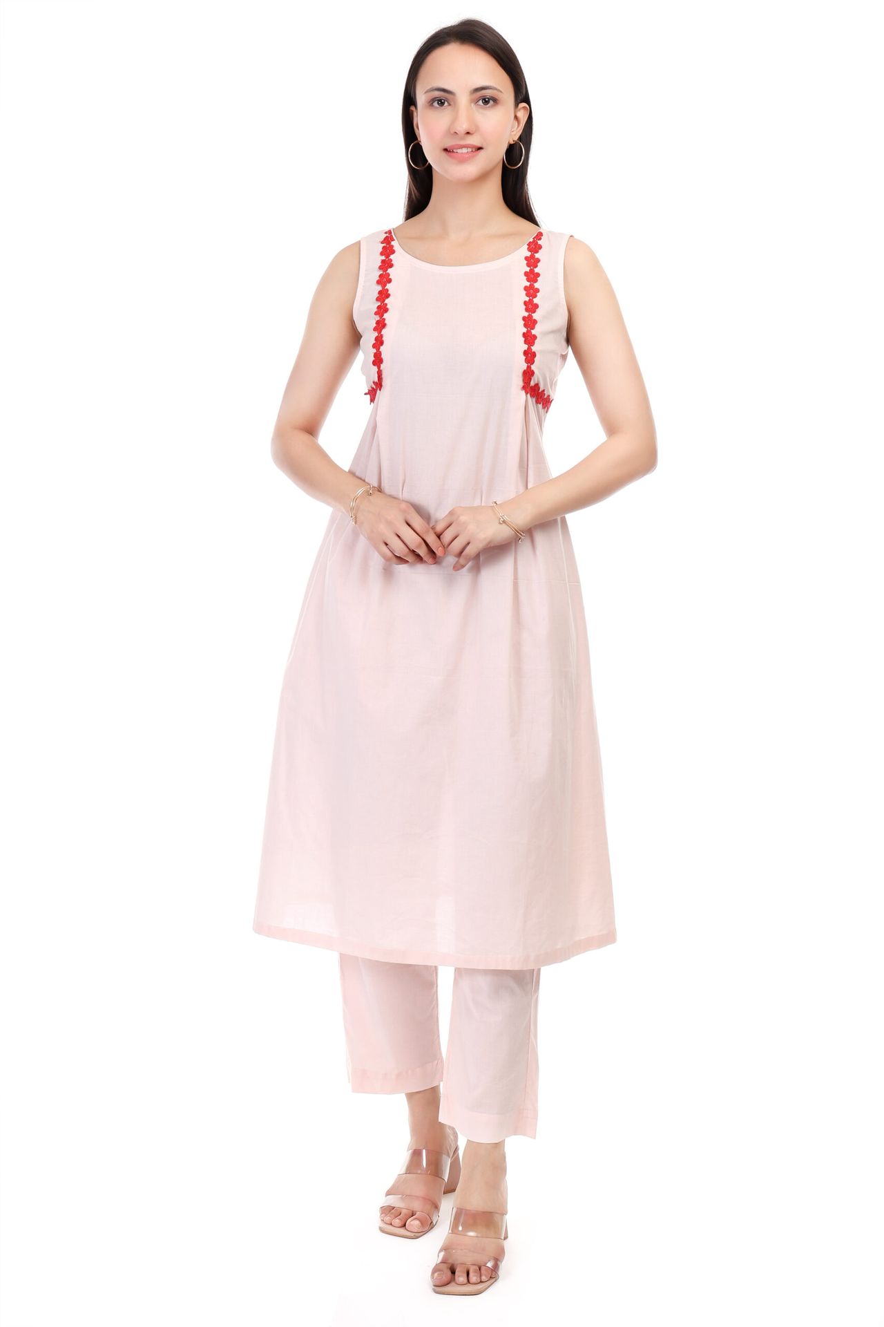 Cambric Cotton Sleeveless Kurta Set With Lace Work