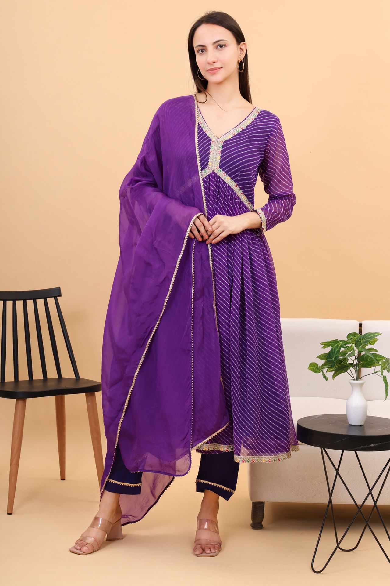 Georgette Lehria Anarkali Set With Orgenzza Dupatta