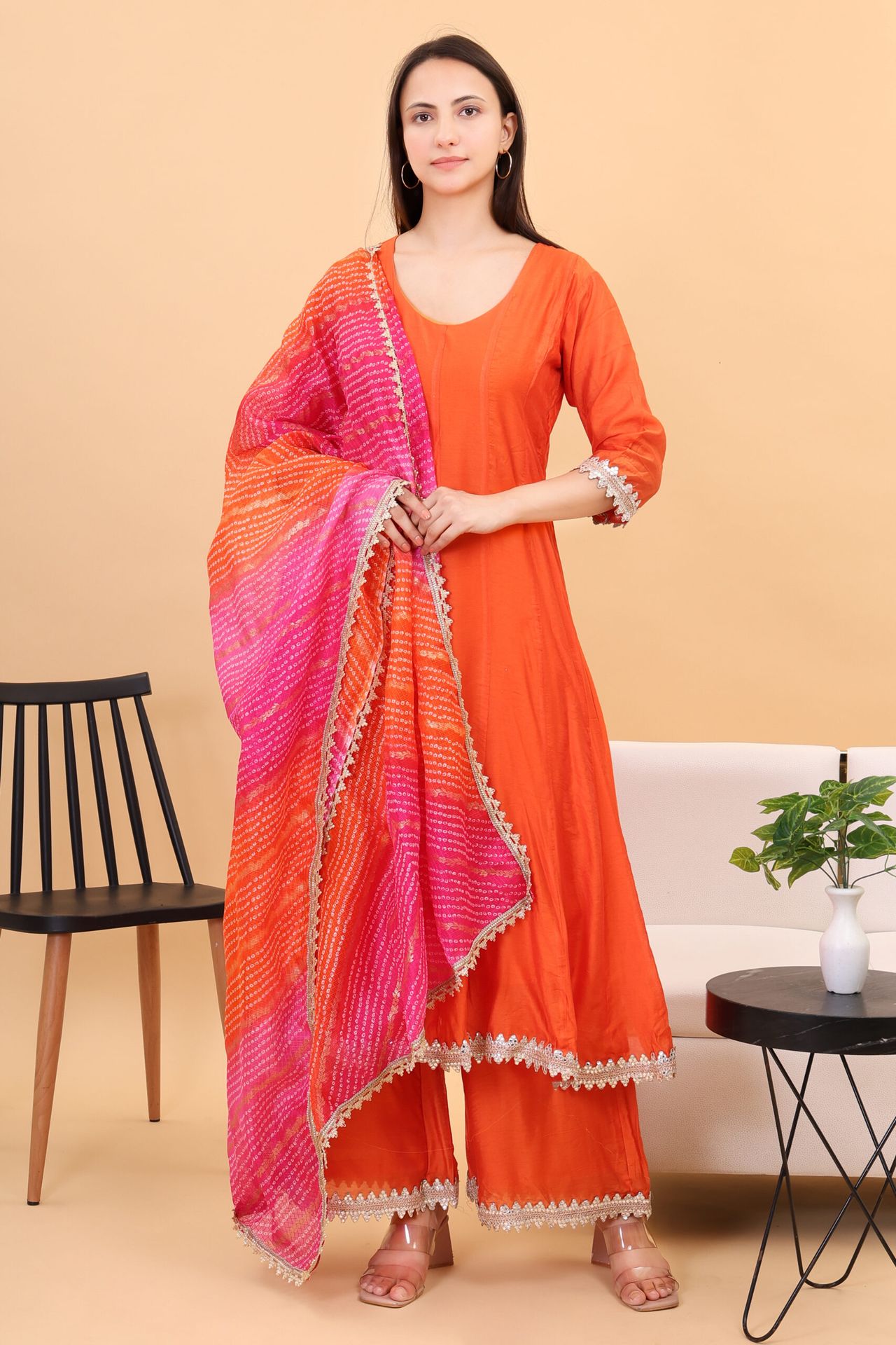 Chanderi Silk Anarkali Set With Kotadoria Dupatta