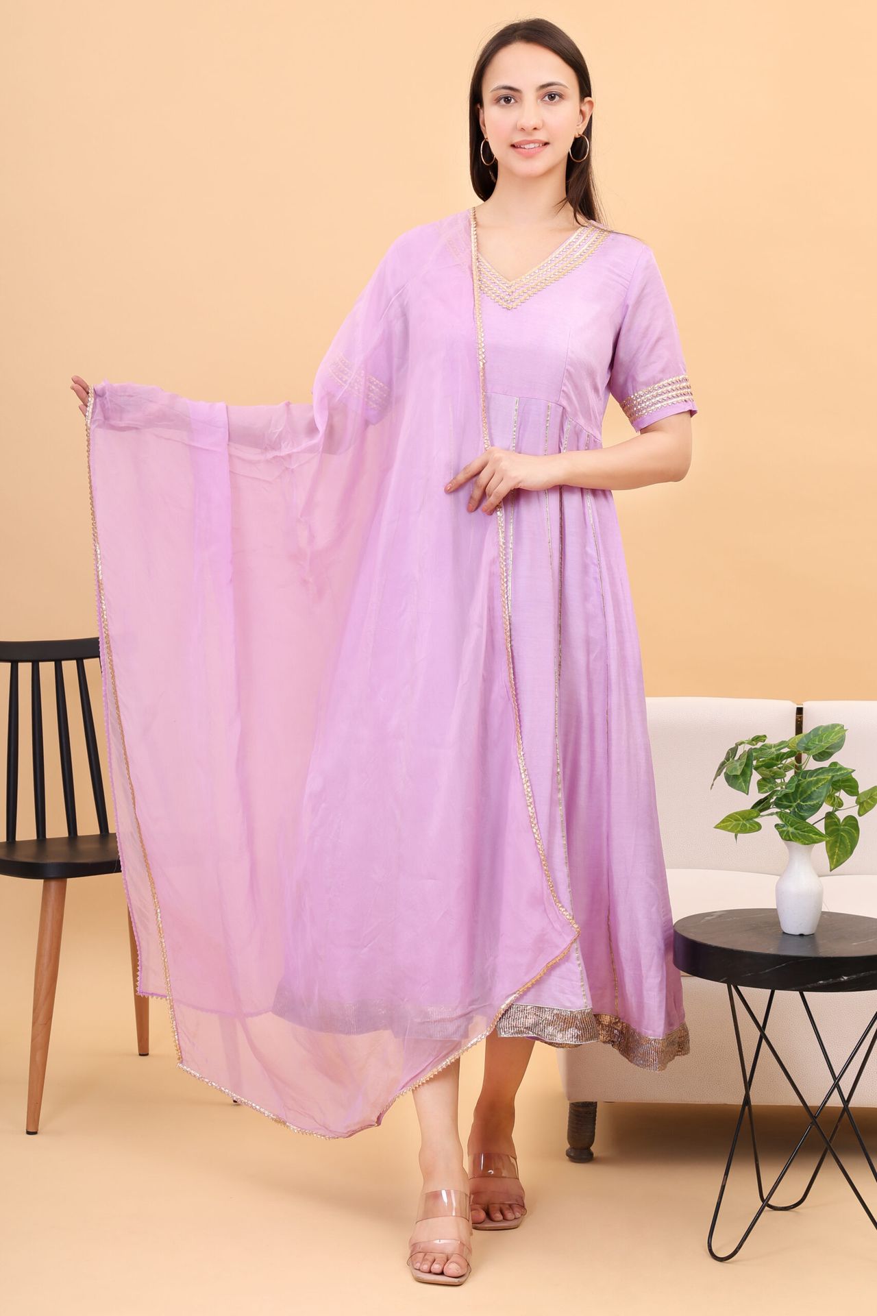 Muslin Lilac Anarkali Set With Orgenzza Dupatta