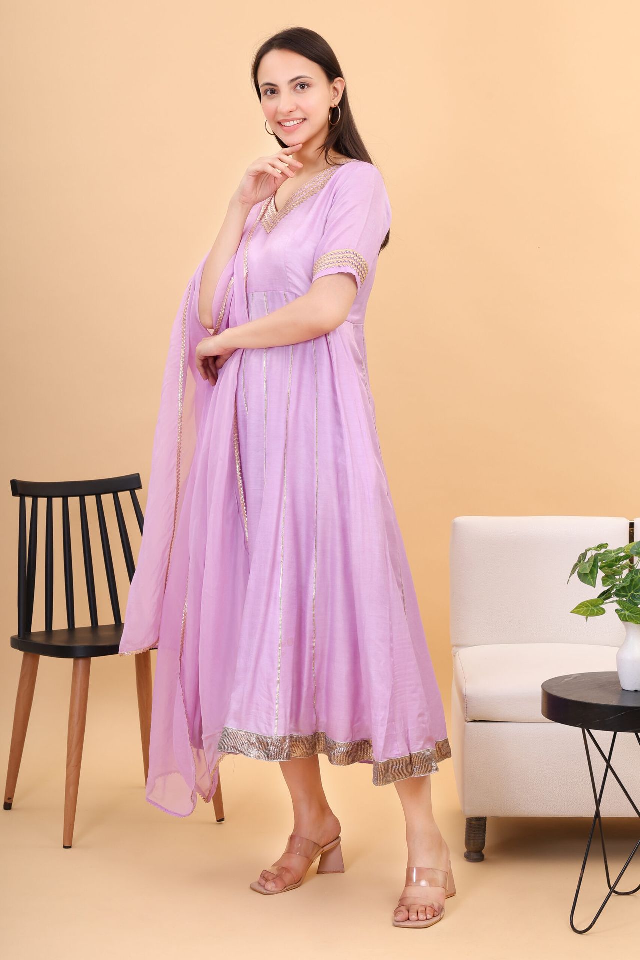 Muslin Lilac Anarkali Set With Orgenzza Dupatta image 2