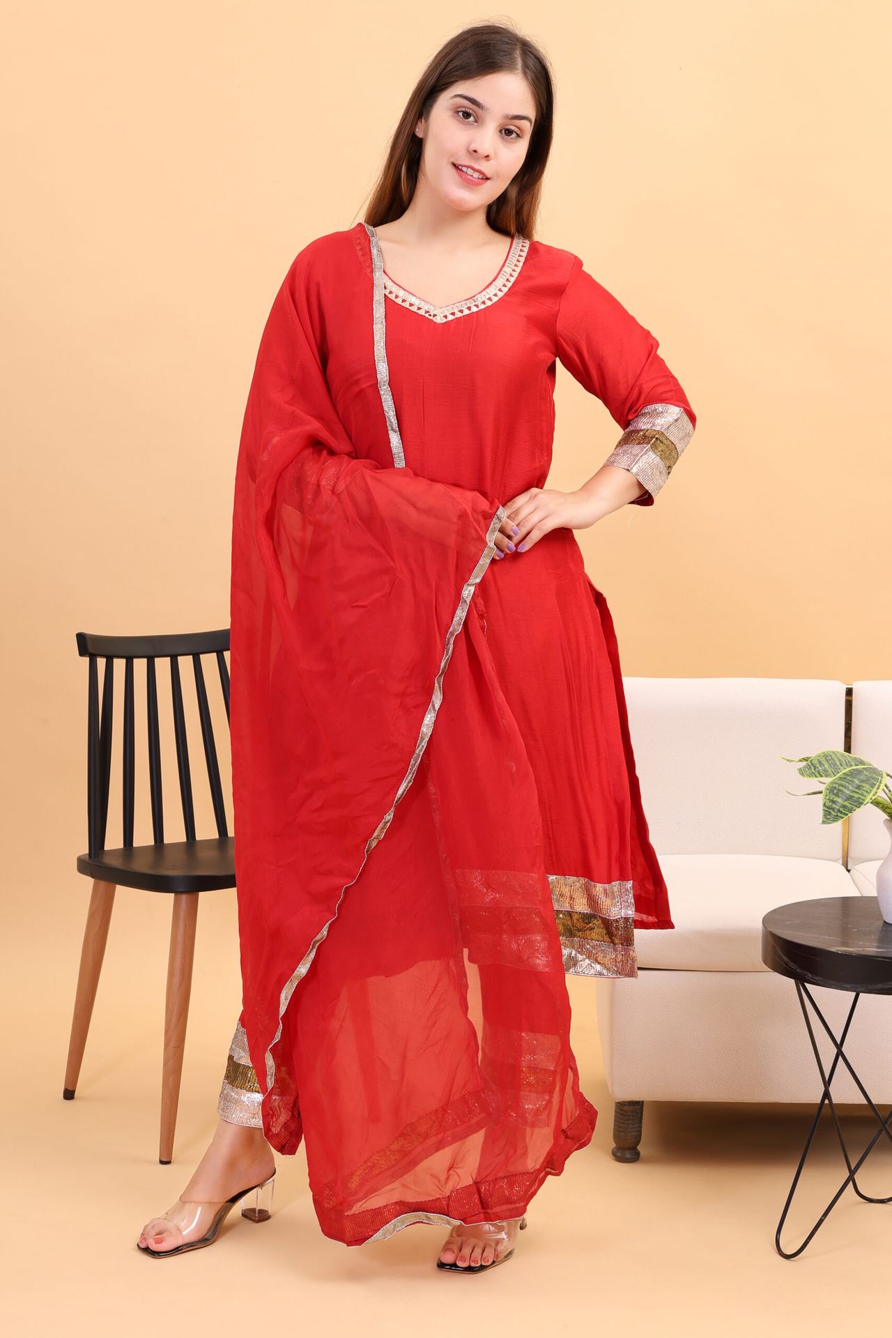 Chanderi Silk Kurta Set With Gota Work And Dupatta