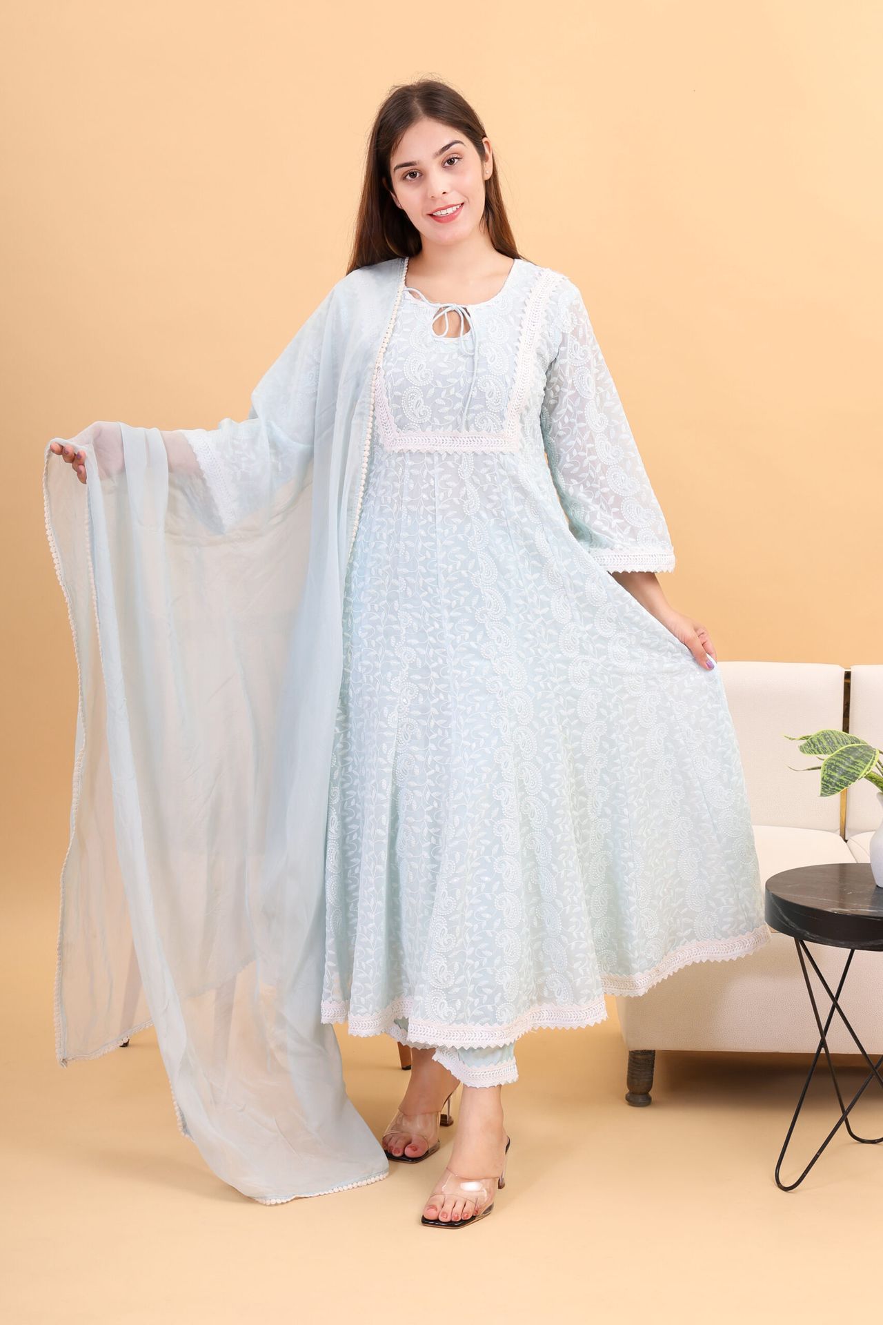 Georgette Chicken Kari Anarkali Kurta Set With Dupatta - Shopdibz