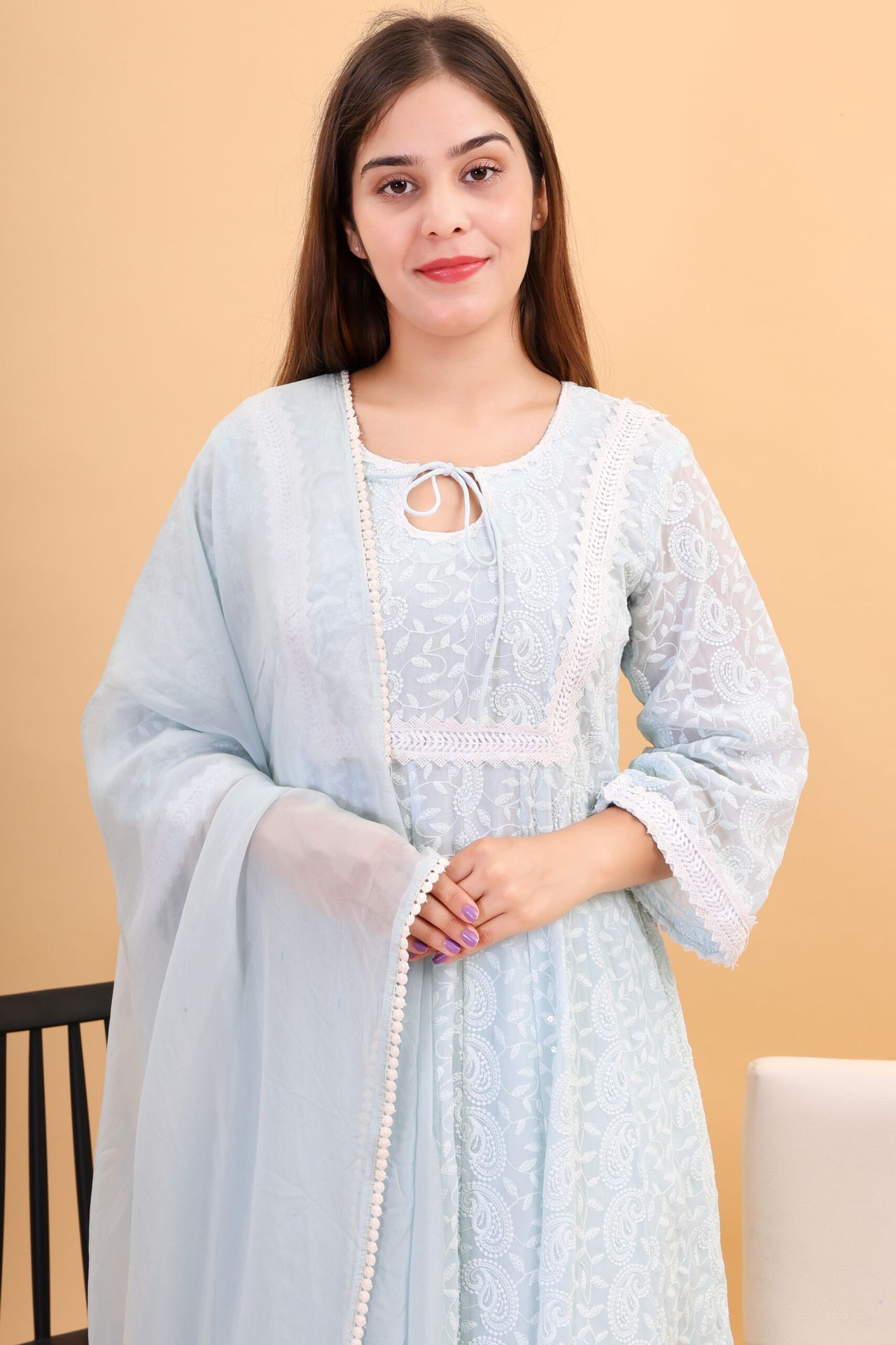 Georgette Chicken Kari Anarkali Kurta Set With Dupatta image 2