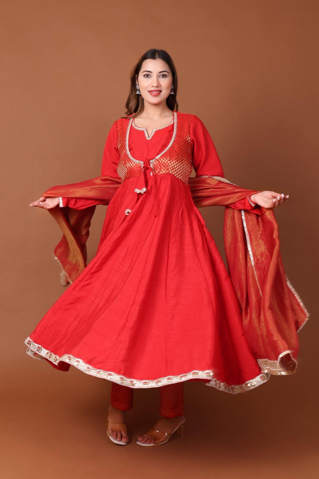 Brocade Satin Dupion Anarkali Kurta Set With Dupatta
