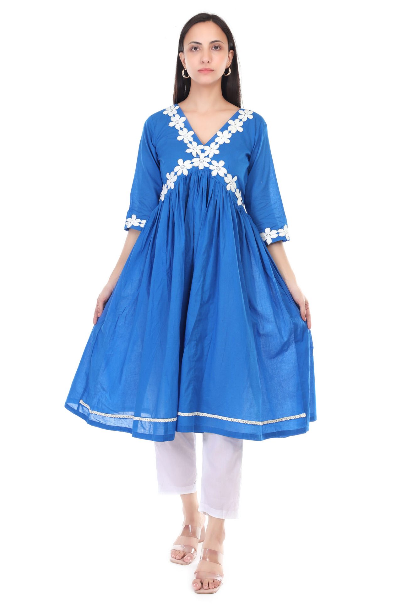 Cambric Cotton Anarkali Kurta Set Detailing With Lace
