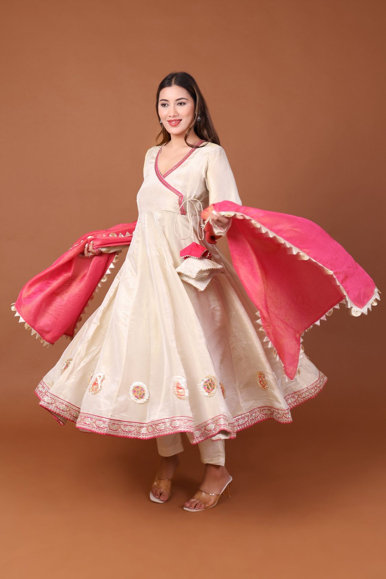 Tissue Silk Angrakha Anarkali Kurta Set With Dupatta - Shopdibz
