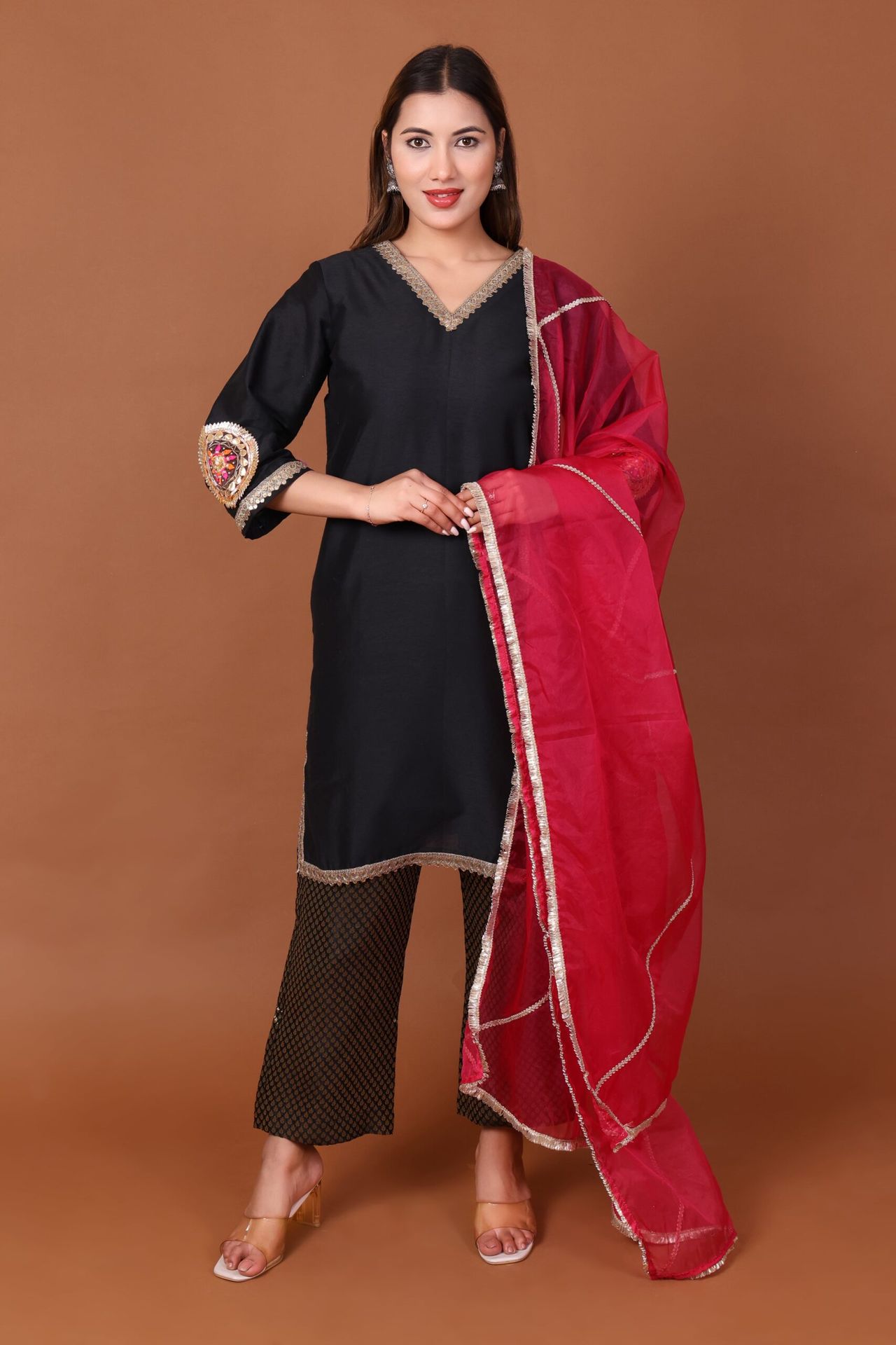 Silk Kurta Set With Brocade Pant And Orgenzza Dupatta