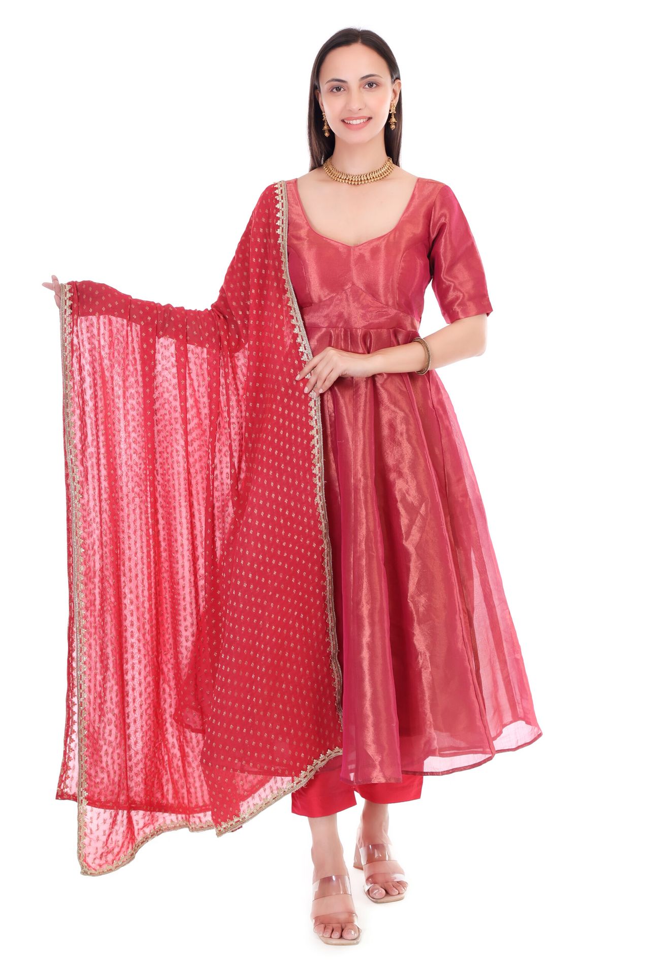 Tissue Silk Anarkali Set With Georgette Dupatta