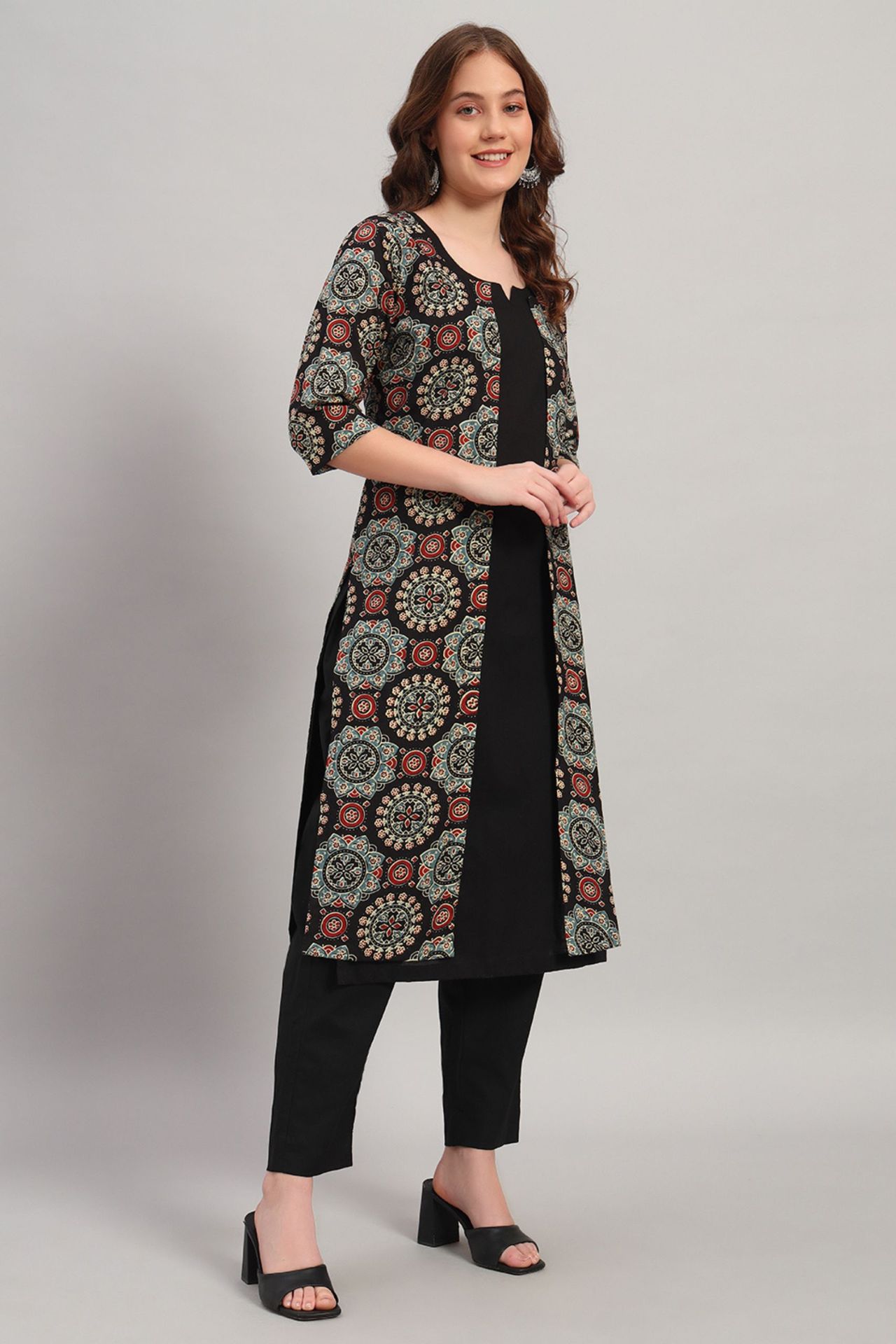 Black Hand Block Cotton Kurta Set With Shrug