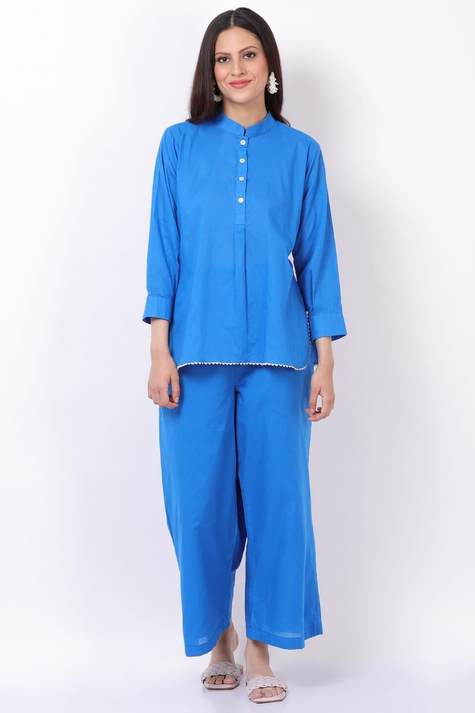Blue Plain Cotton Co-ord Set