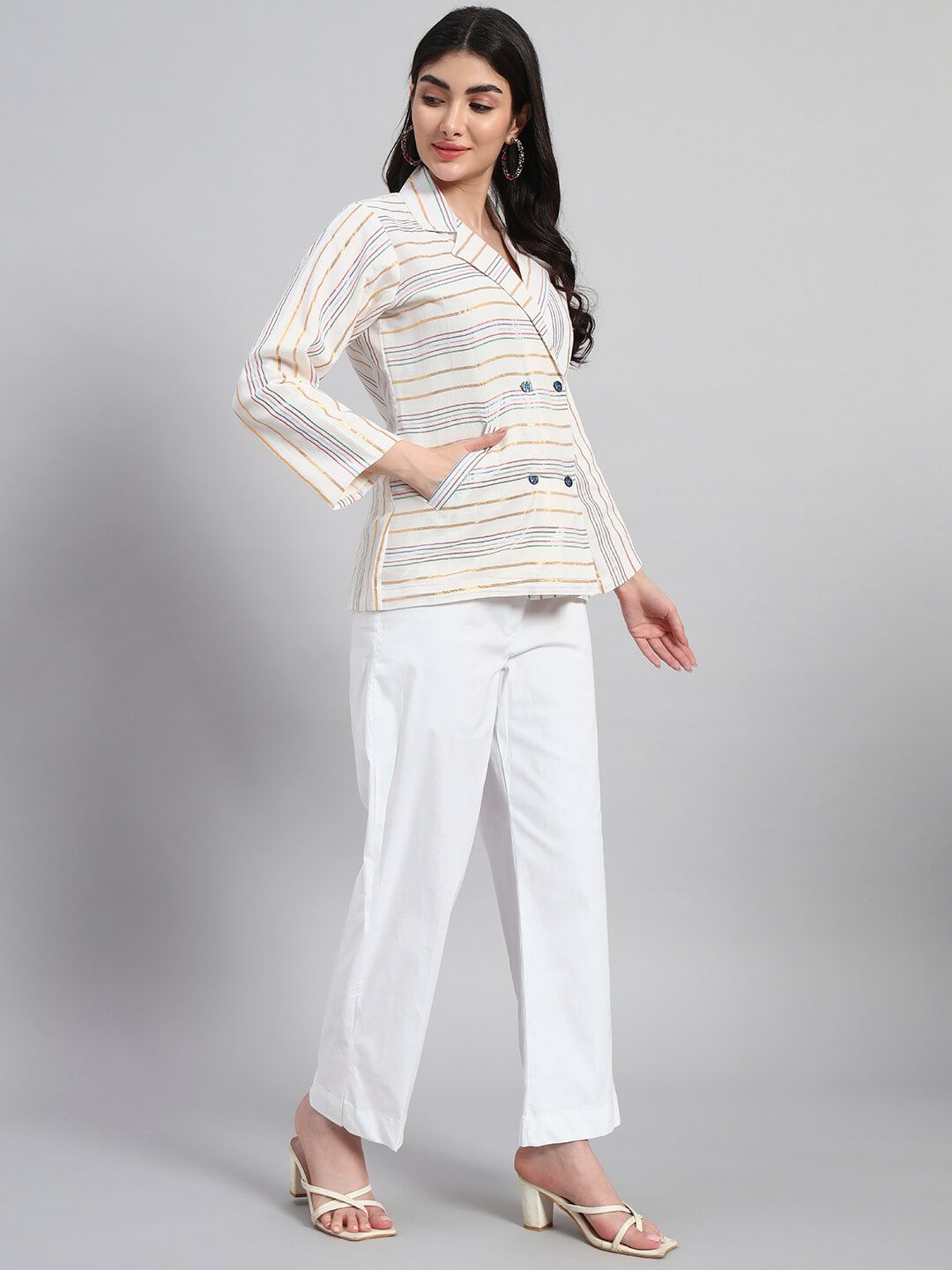 Cotton Stripes Coat With Pant