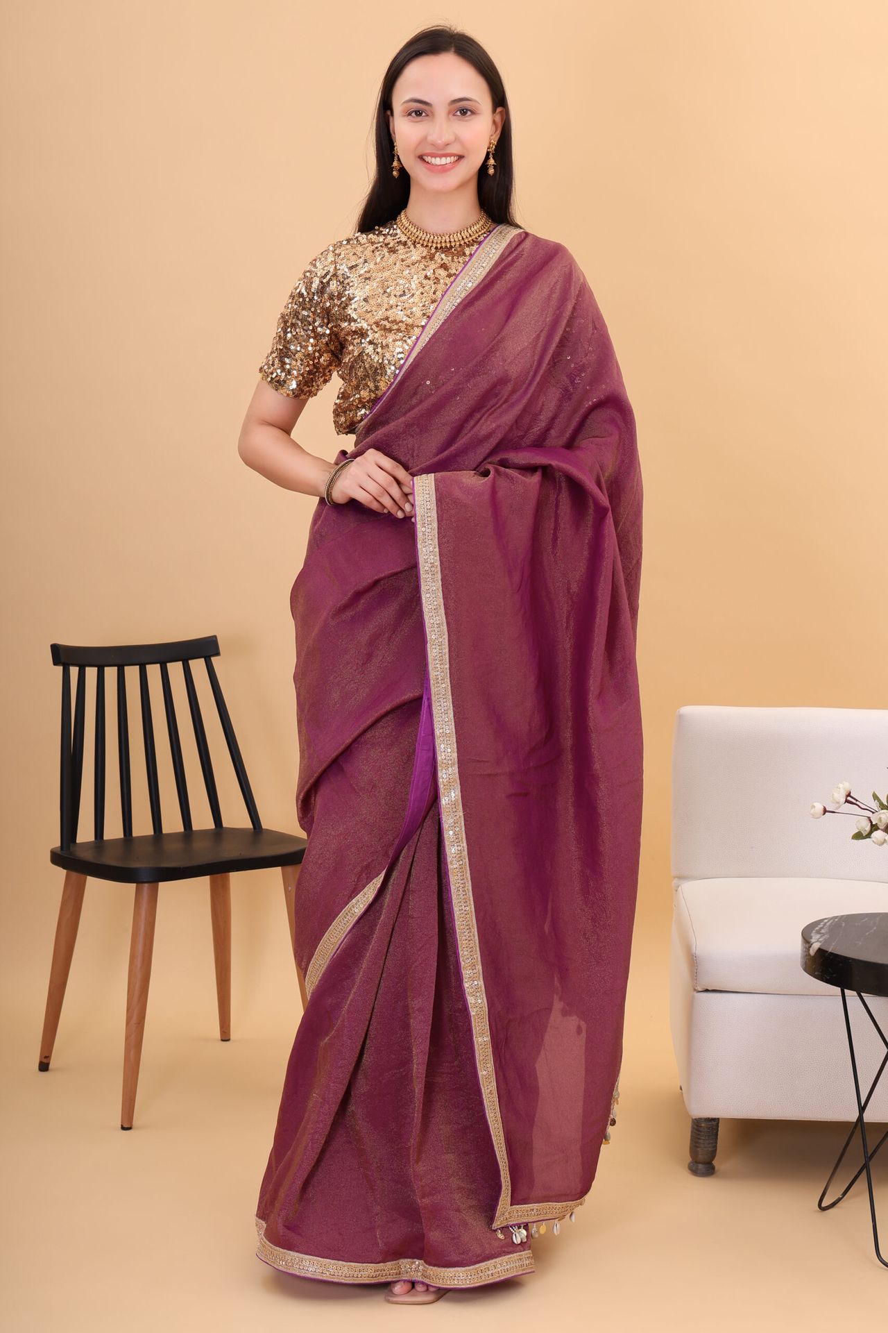 Wine Tissue Silk Saree With Embroidery Blouse