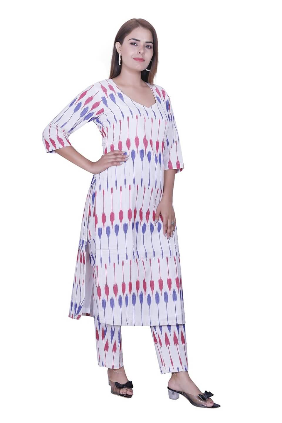 White Cotton Ikat Kurti Set image 2