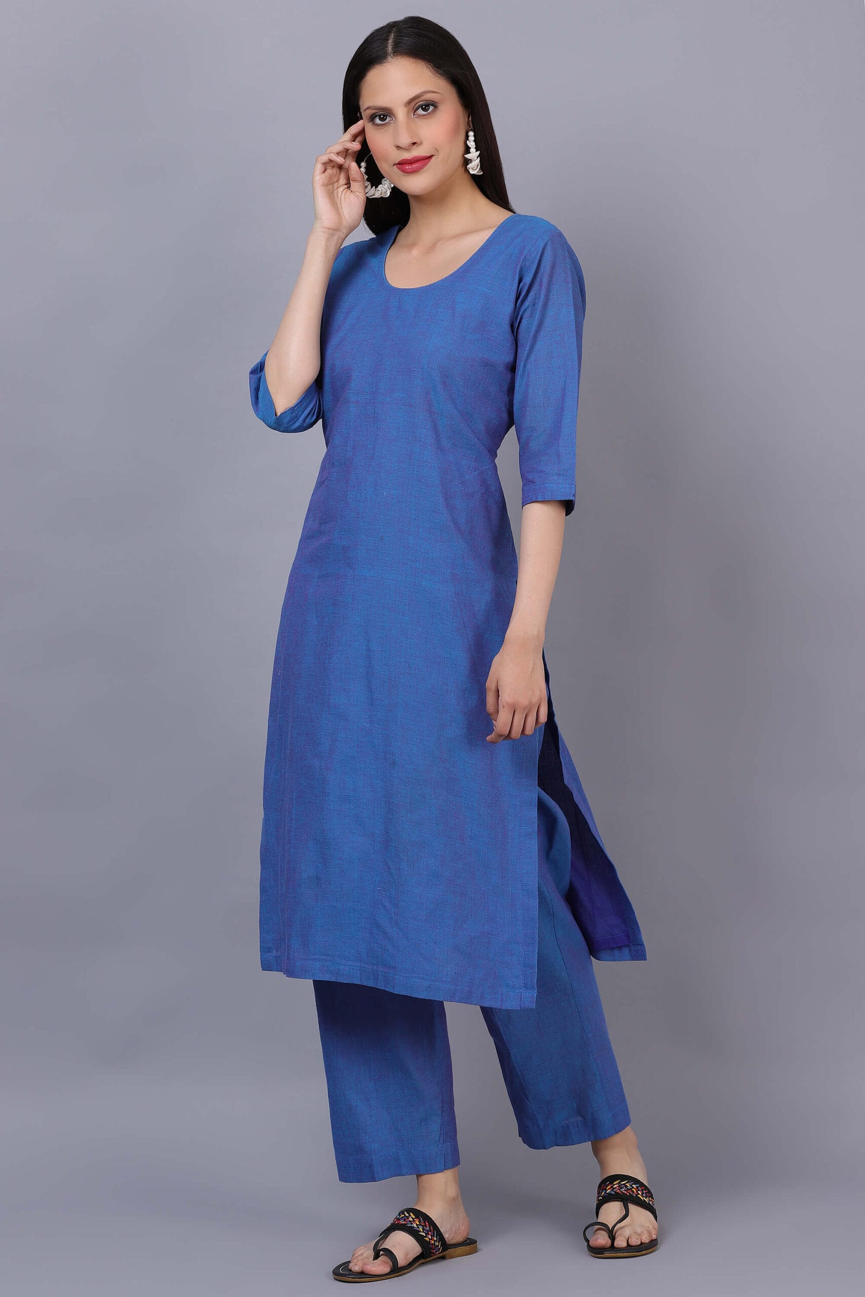 Blue Cotton Kurta Set With Phulkari Dupatta image 3