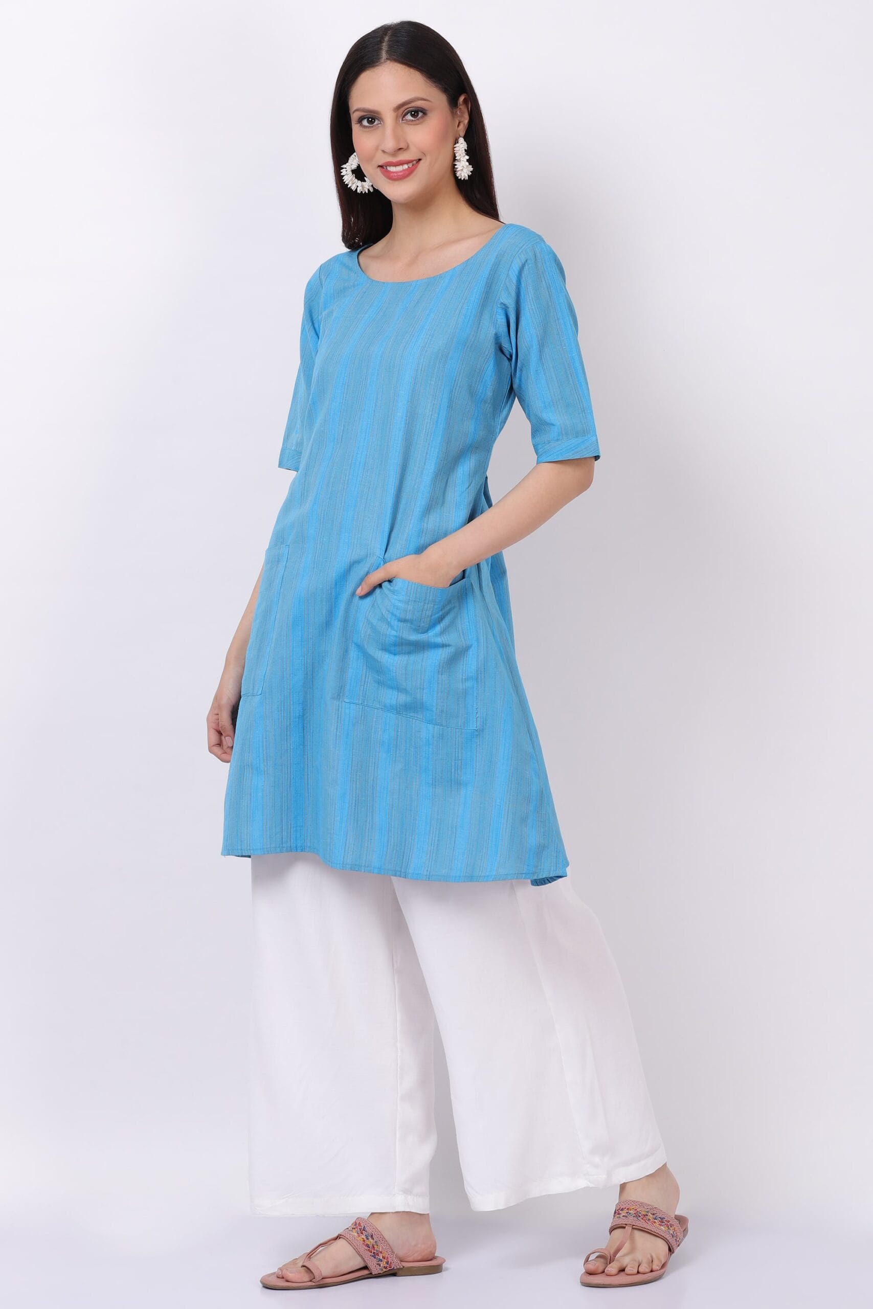 Blue Handloom Cotton Kurti With Palazzo image 3