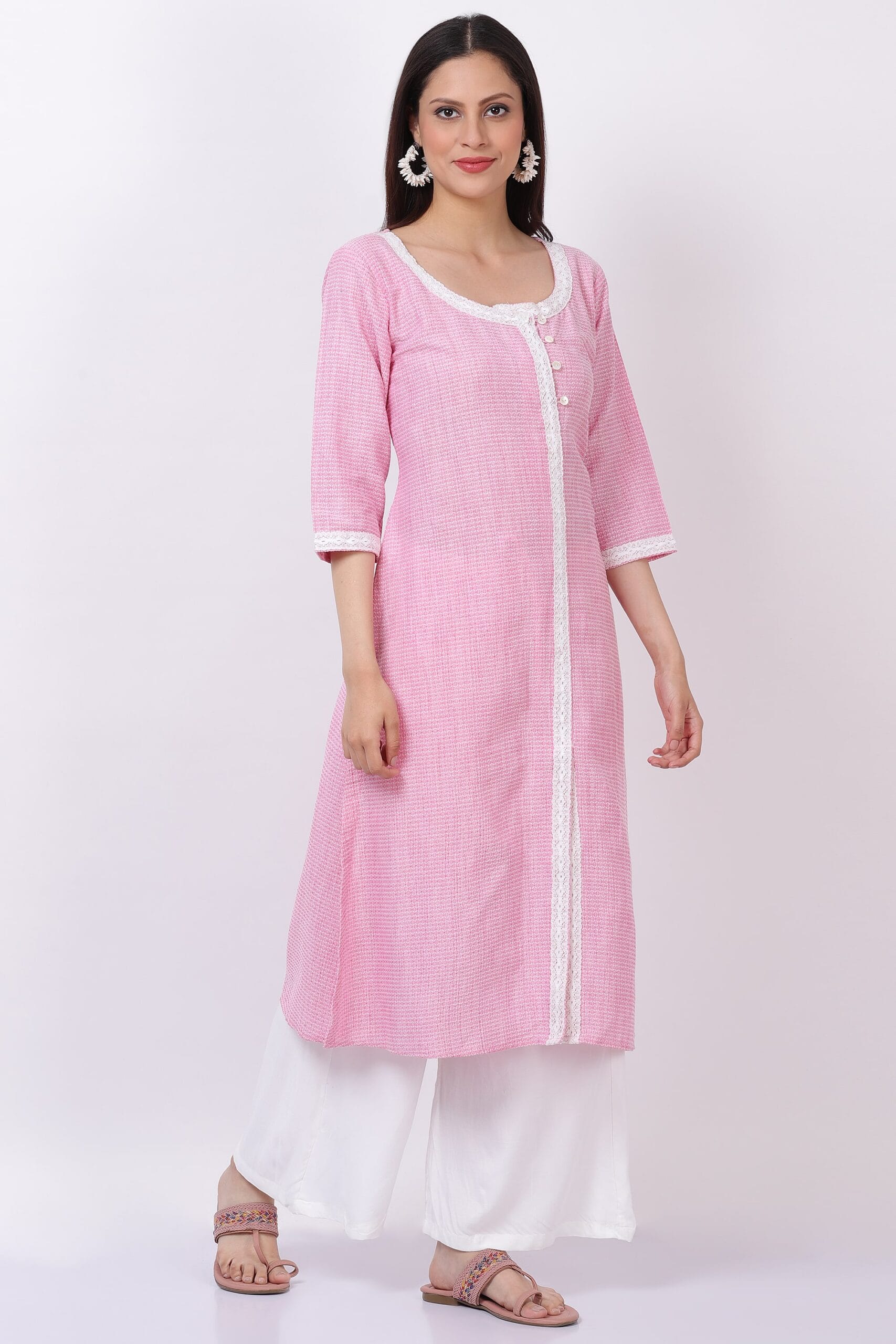 Pink Handloom Cotton Kurti With Palazzo image 3