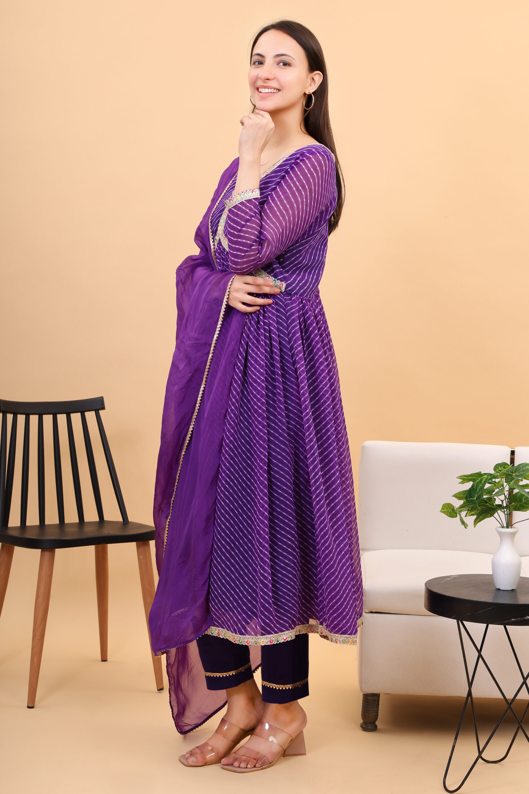 Georgette Lehria Anarkali Set With Orgenzza Dupatta image 3