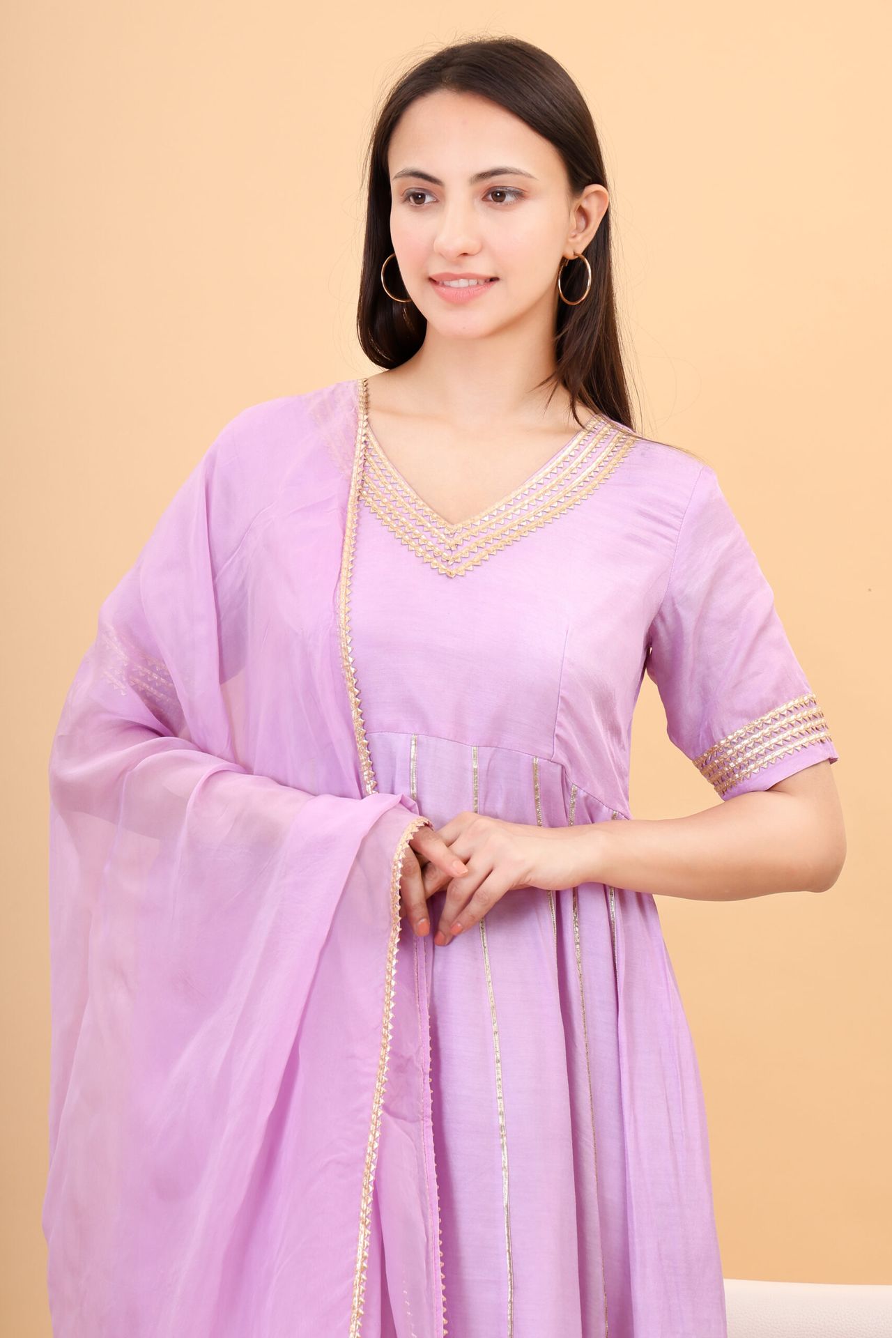 Muslin Lilac Anarkali Set With Orgenzza Dupatta image 3