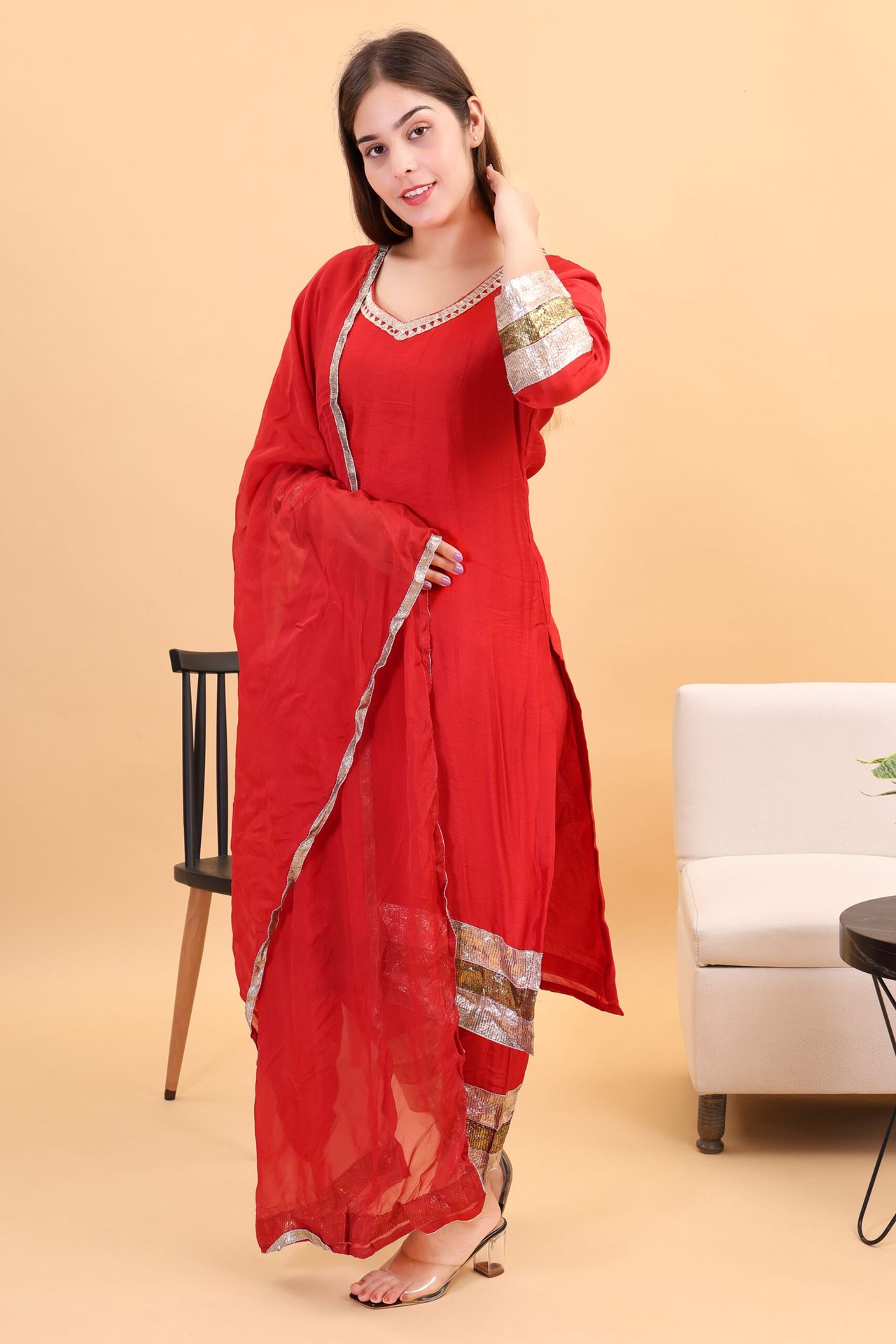 Chanderi Silk Kurta Set With Gota Work And Dupatta image 3